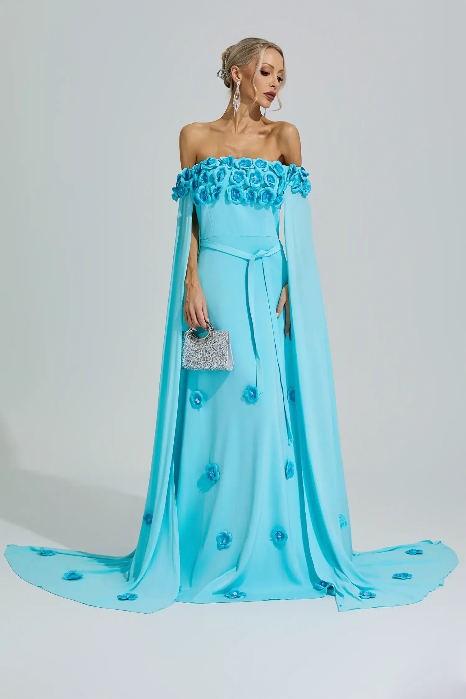 Guanyin Blue Beaded Floral Off Shoulder Dress