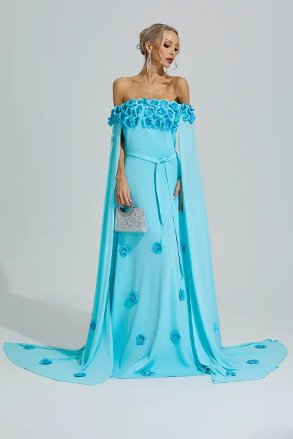 Guanyin Blue Beaded Floral Off Shoulder Dress