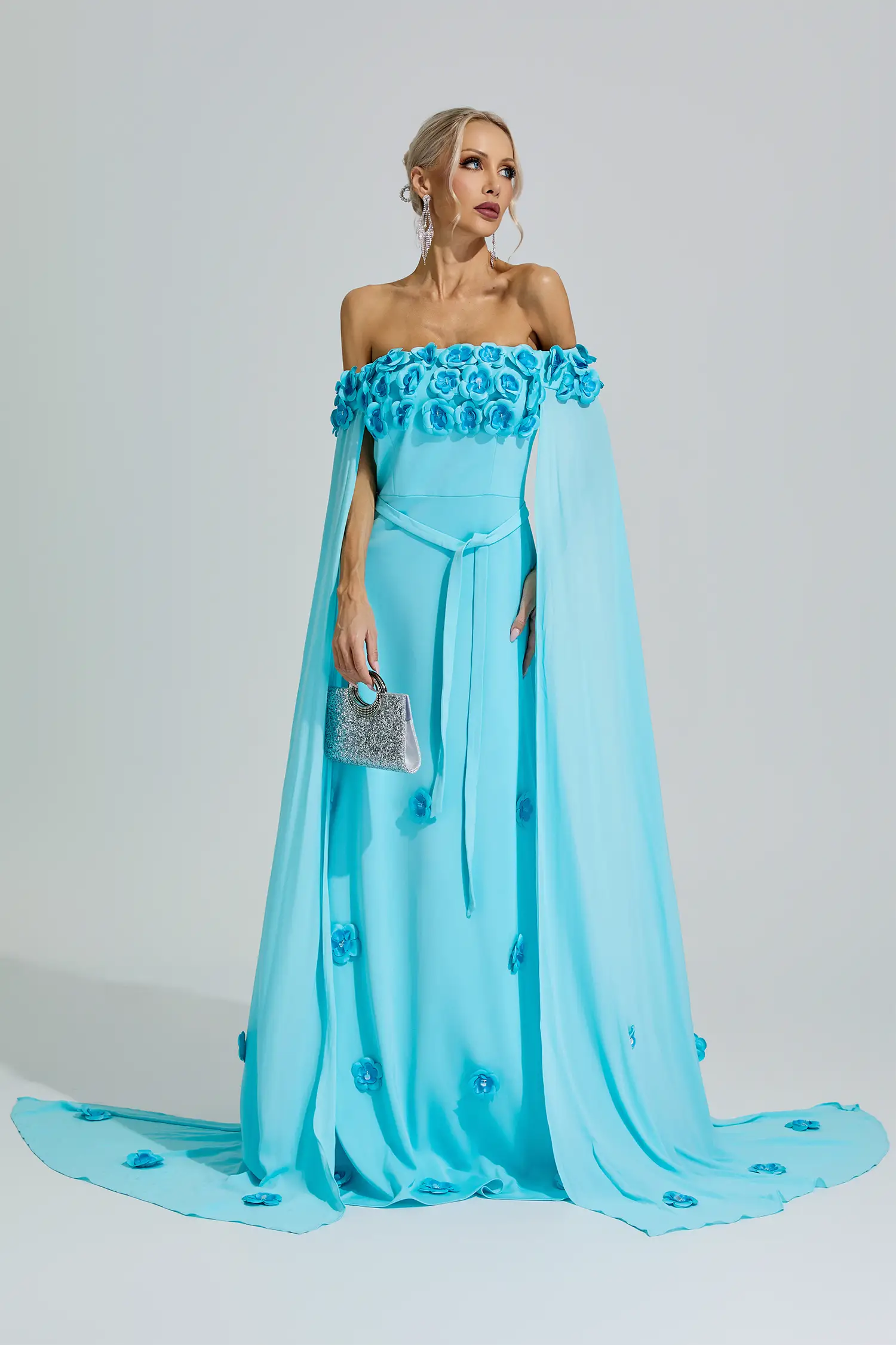 Guanyin Blue Beaded Floral Off Shoulder Dress