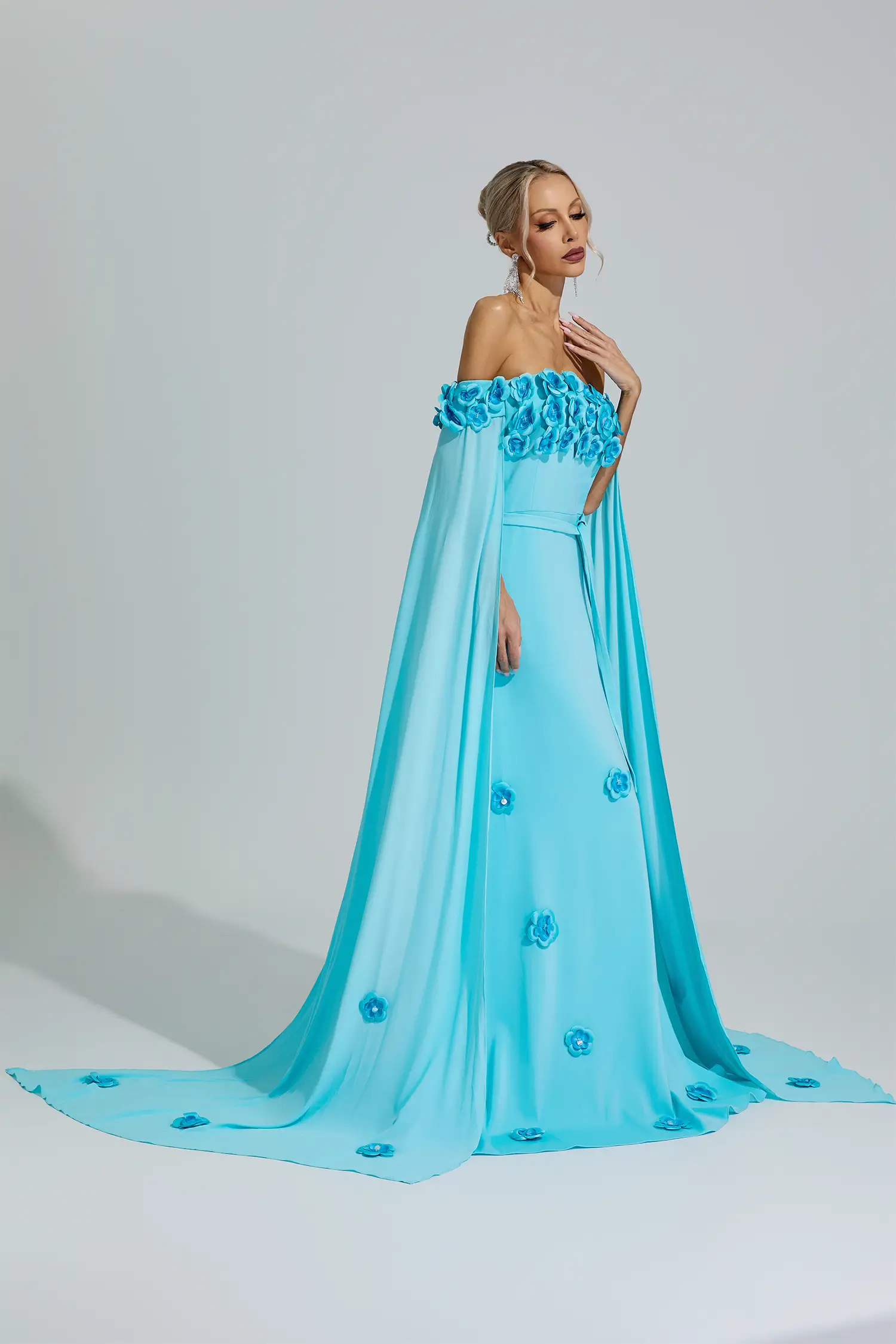 Guanyin Blue Beaded Floral Off Shoulder Dress