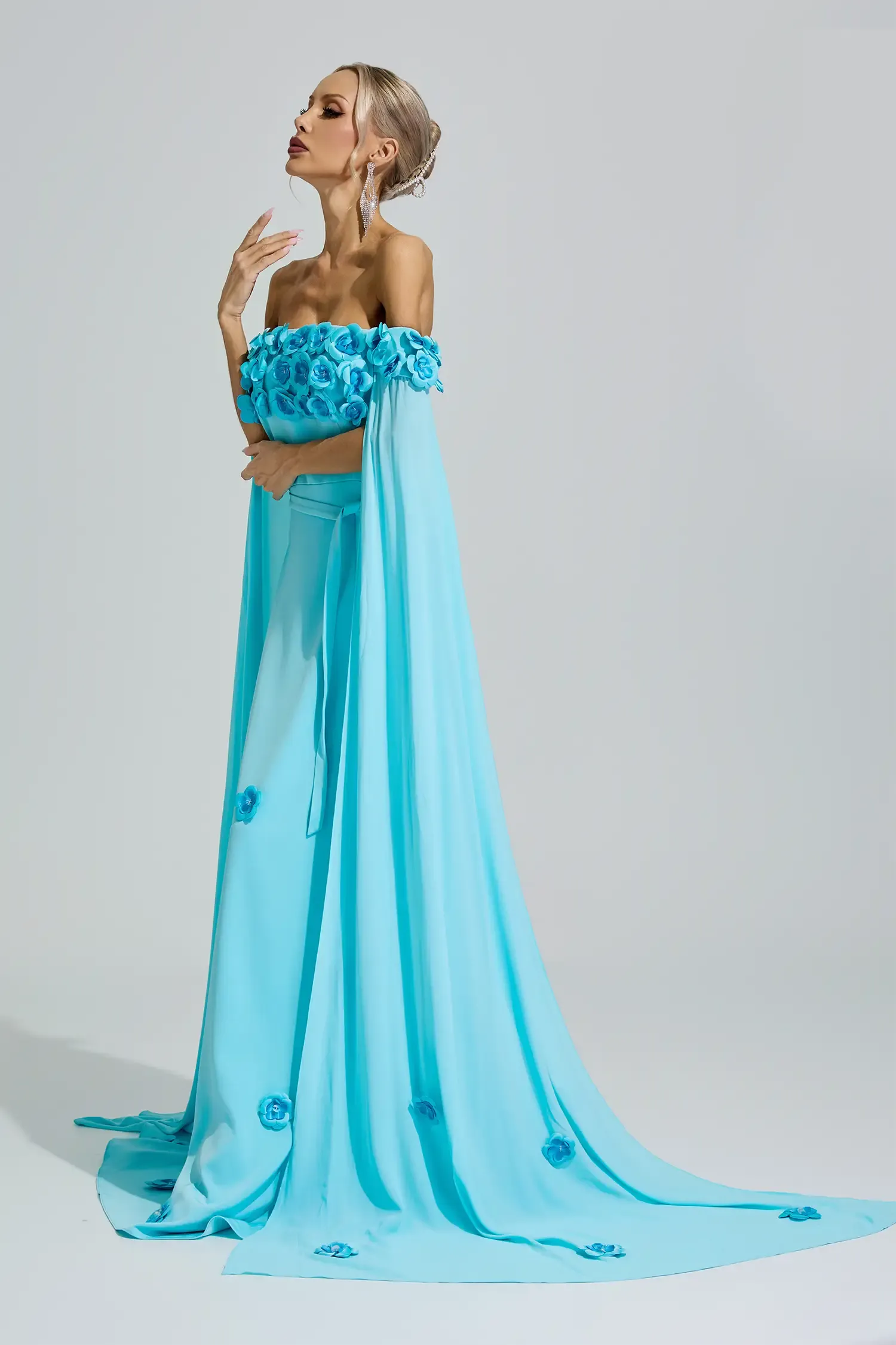 Guanyin Blue Beaded Floral Off Shoulder Dress