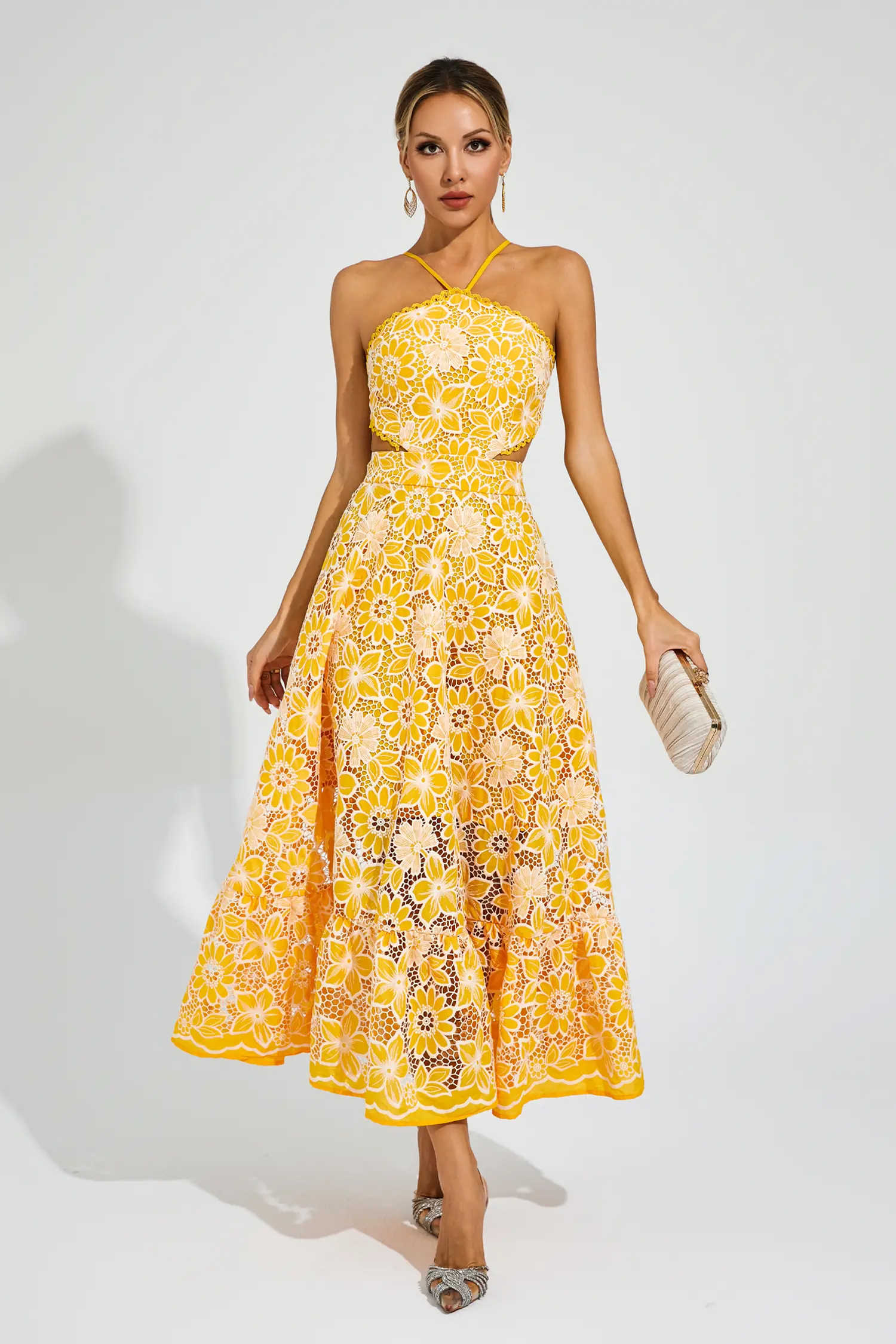 Valentine Yellow Cut Out Halter Dress