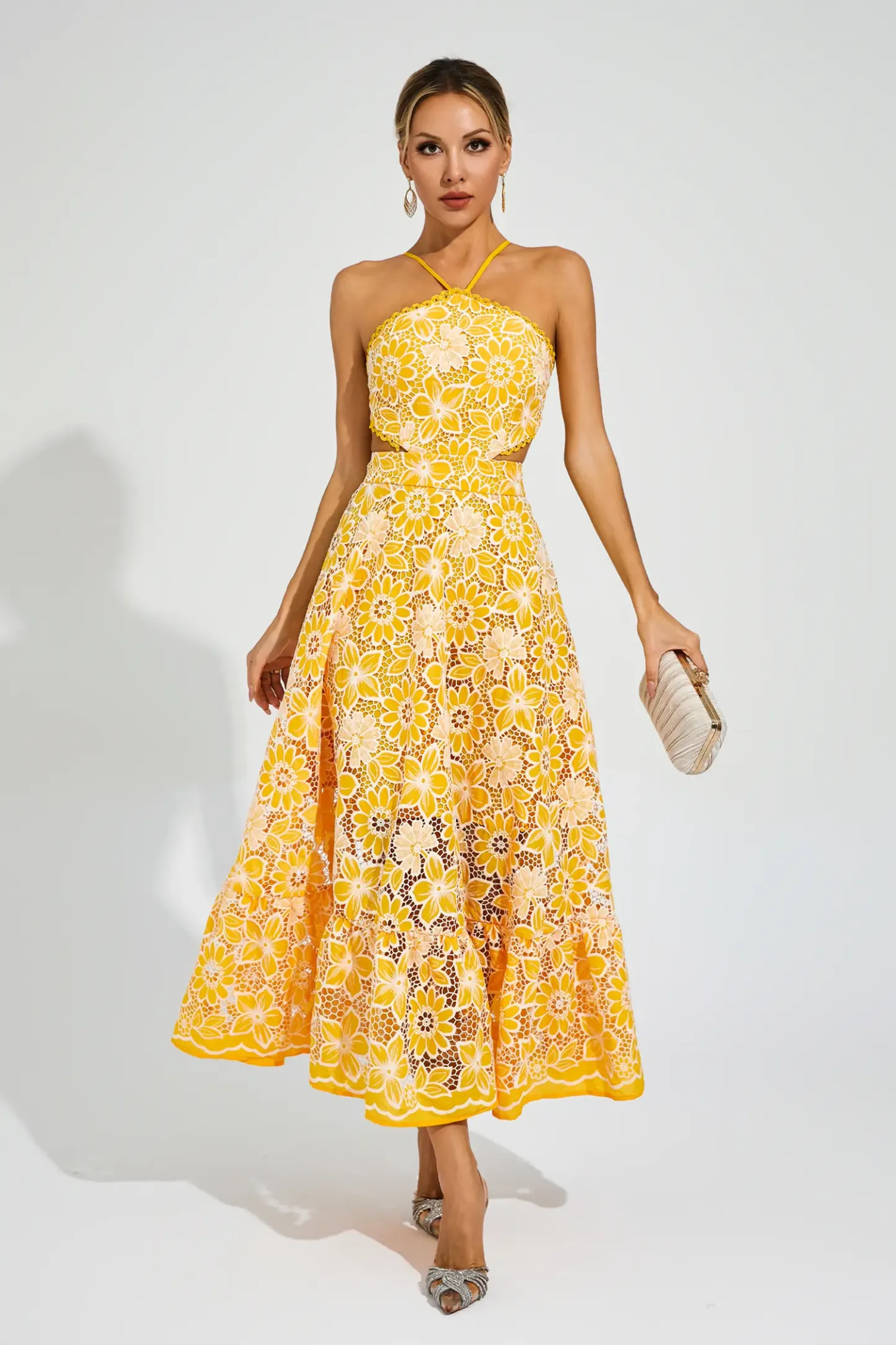 Valentine Yellow Cut Out Halter Dress