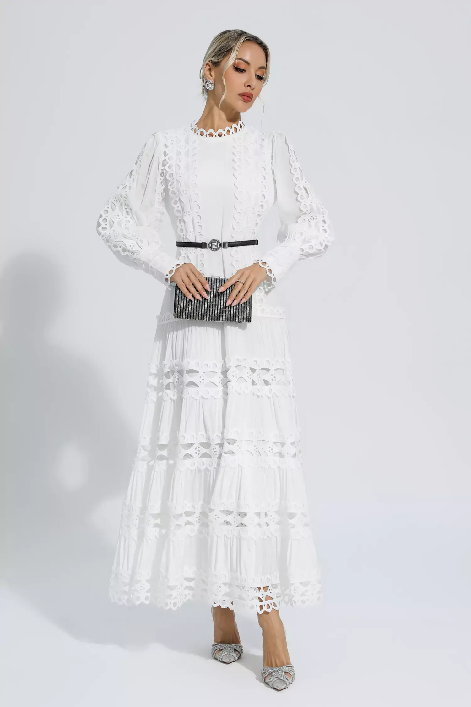Nicholas White Hollow Ruffle Maxi Dress