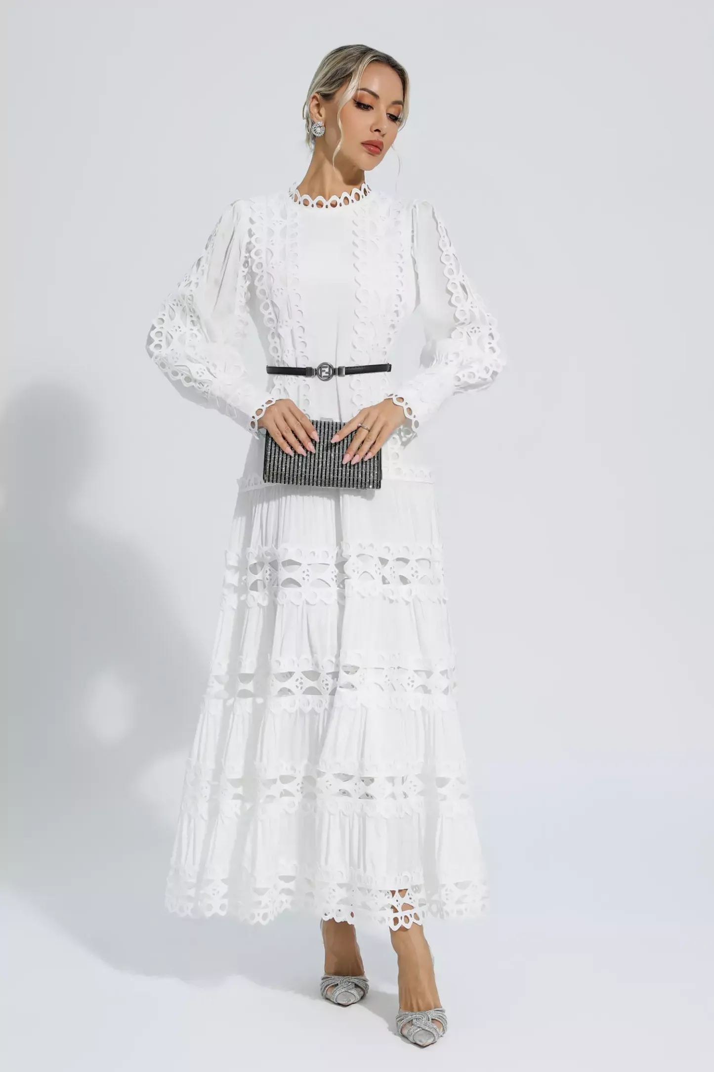 Nicholas White Hollow Ruffle Maxi Dress