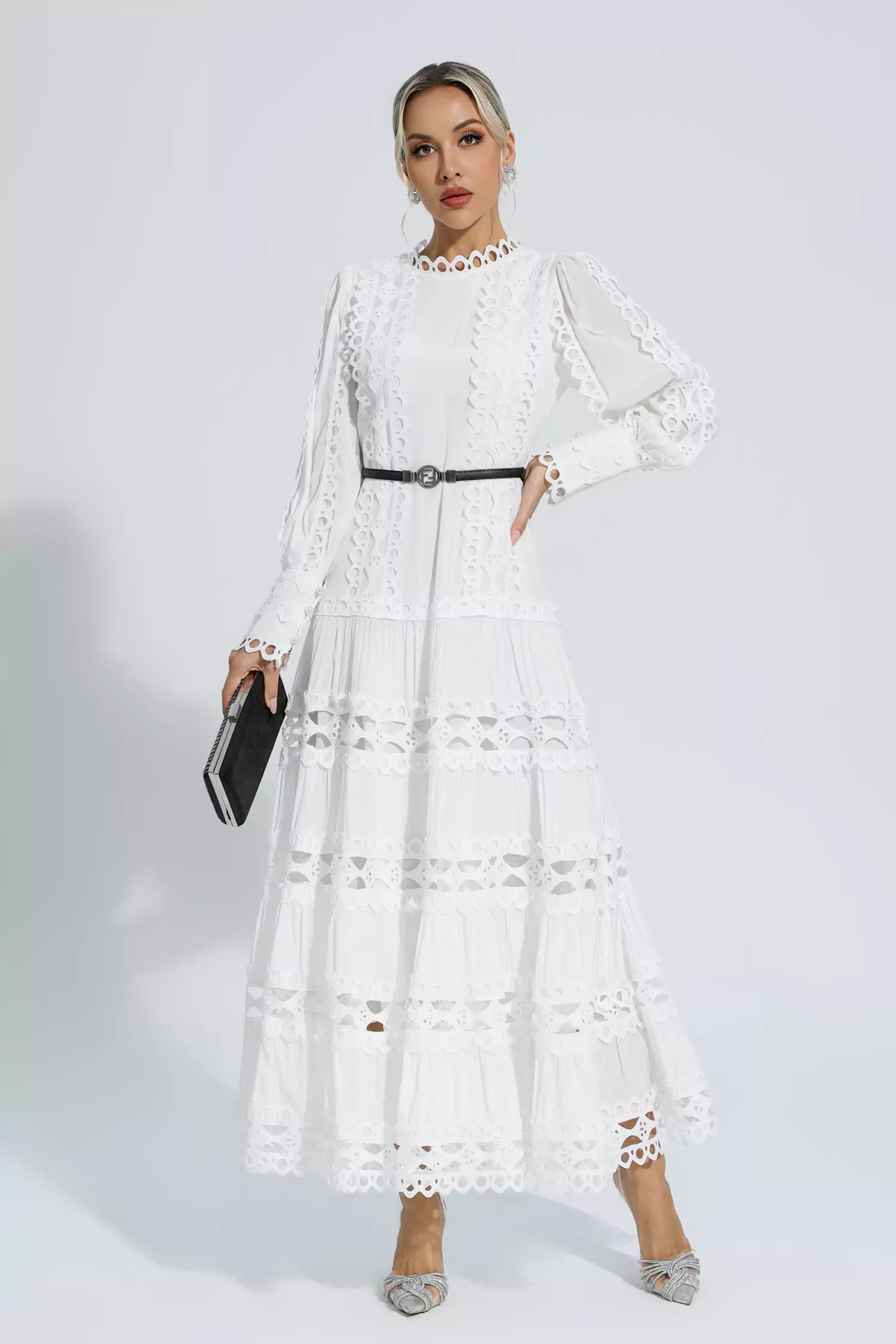 Nicholas White Hollow Ruffle Maxi Dress