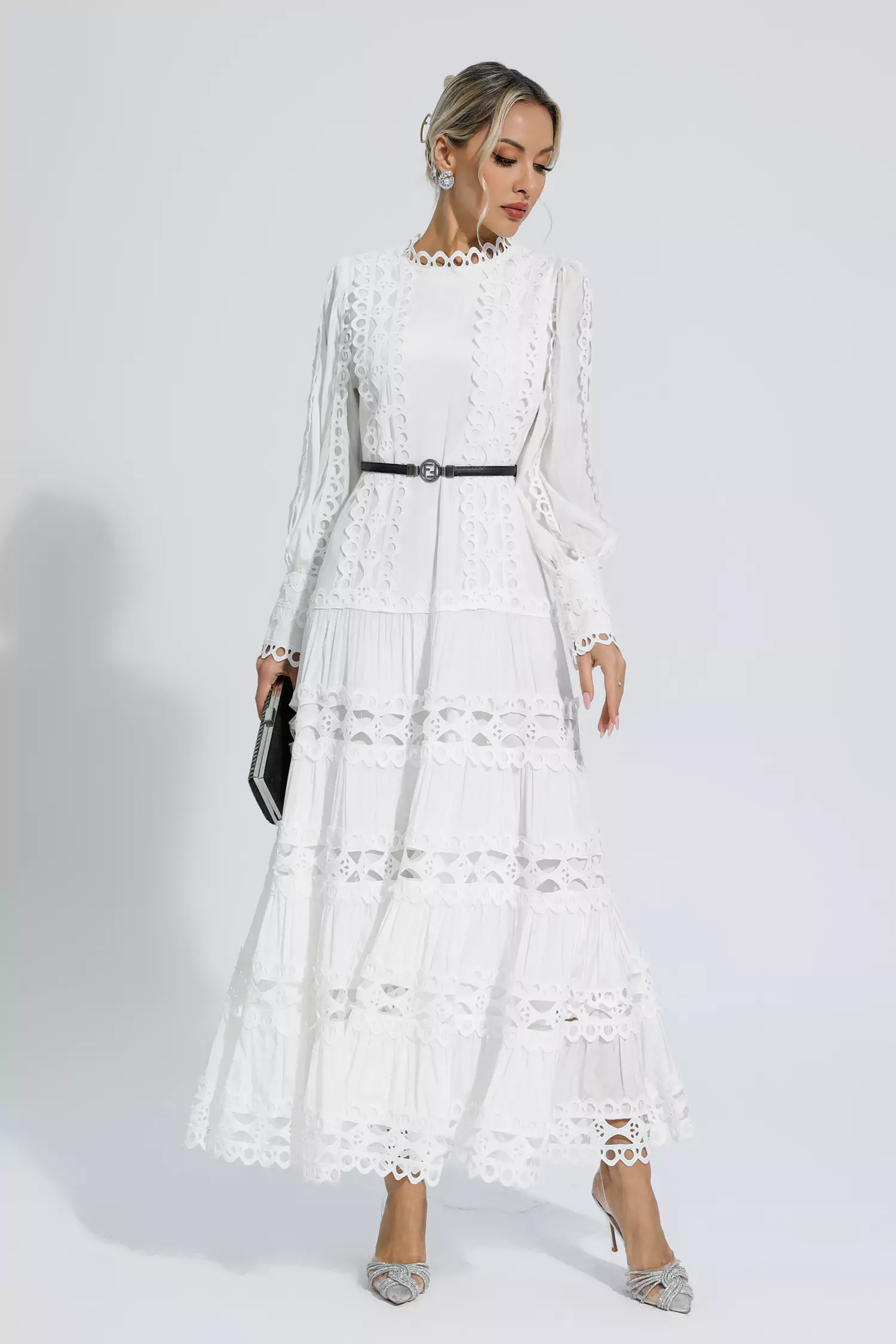 Nicholas White Hollow Ruffle Maxi Dress