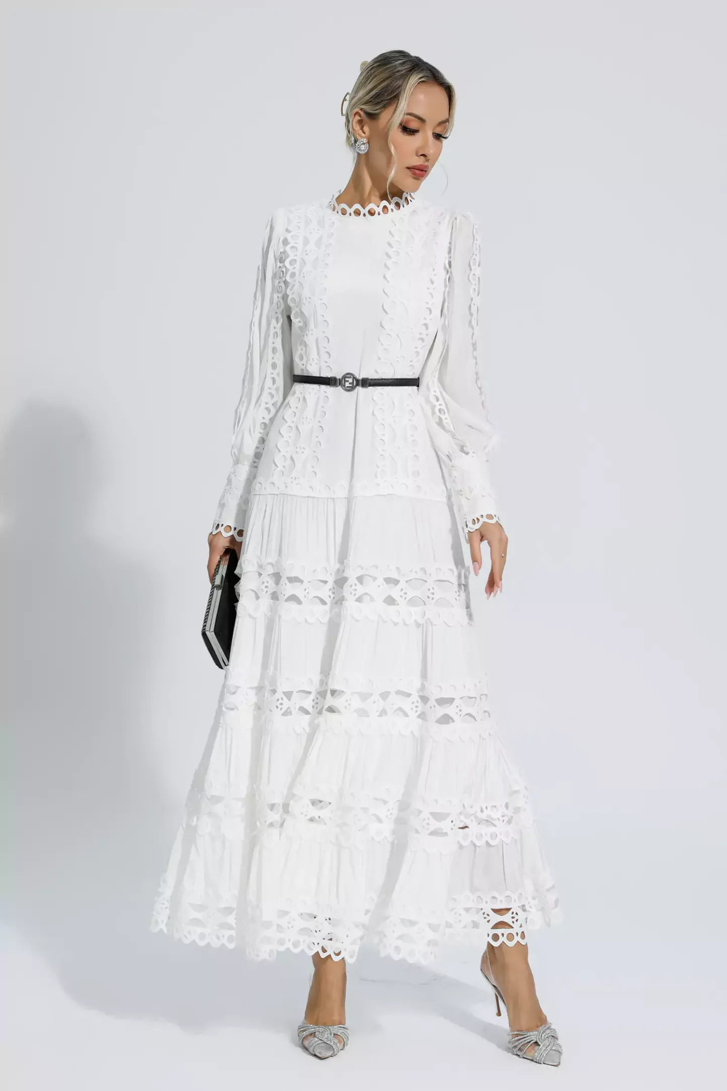 Nicholas White Hollow Ruffle Maxi Dress