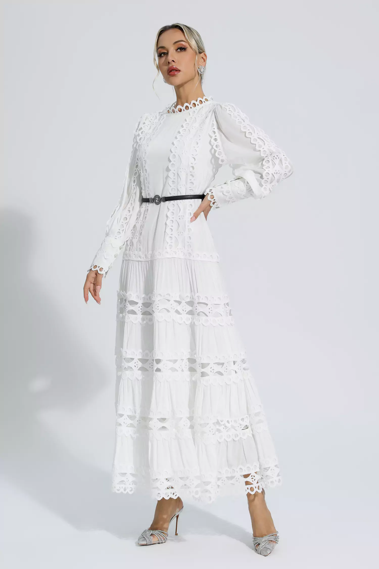 Nicholas White Hollow Ruffle Maxi Dress