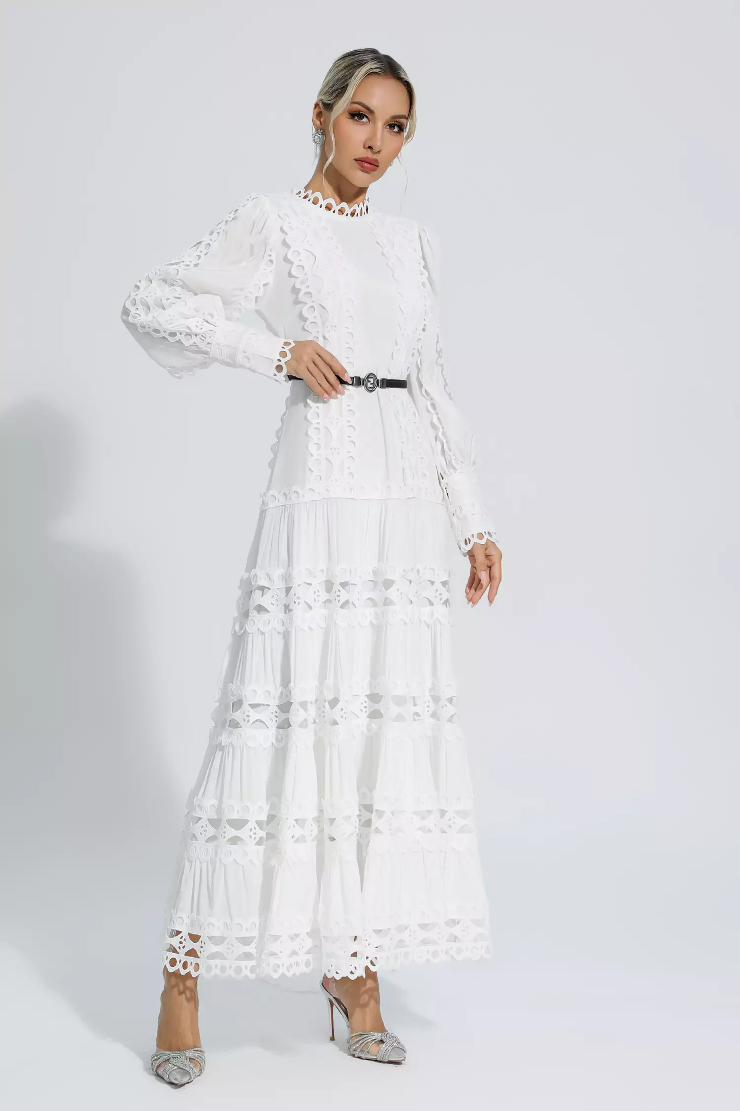 Nicholas White Hollow Ruffle Maxi Dress