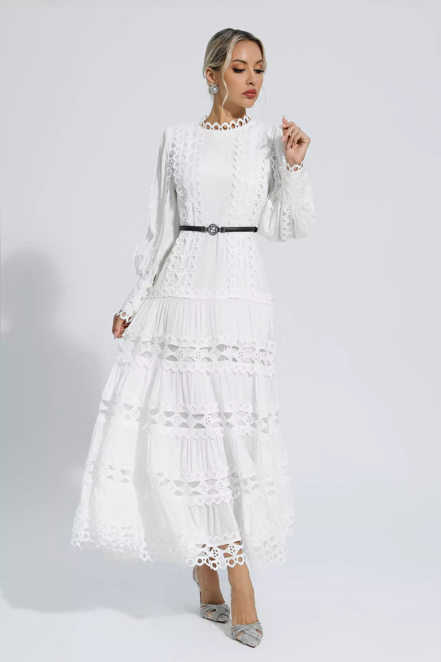 Nicholas White Hollow Ruffle Maxi Dress