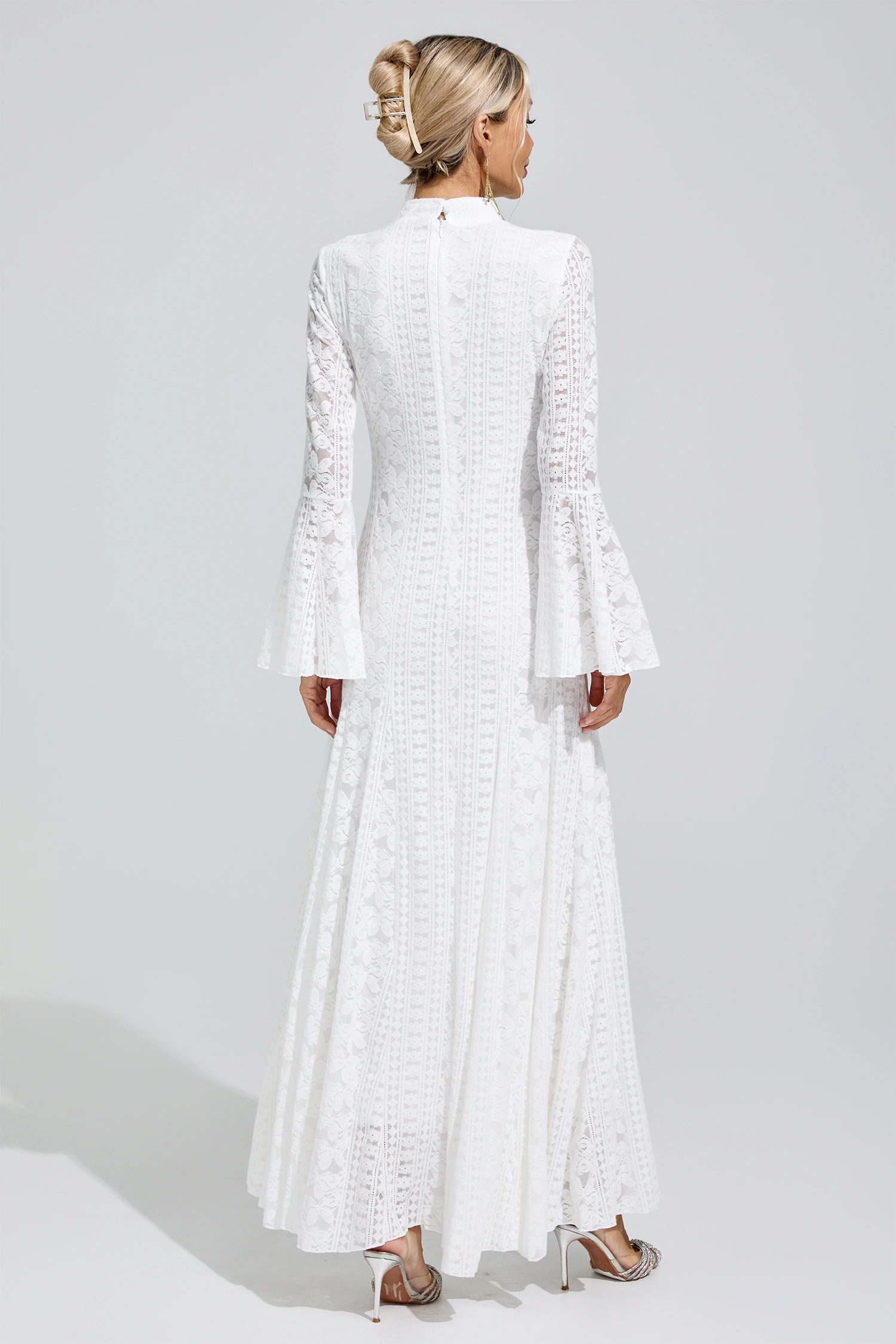 Rita White Flared Sleeve Embroidered Dress