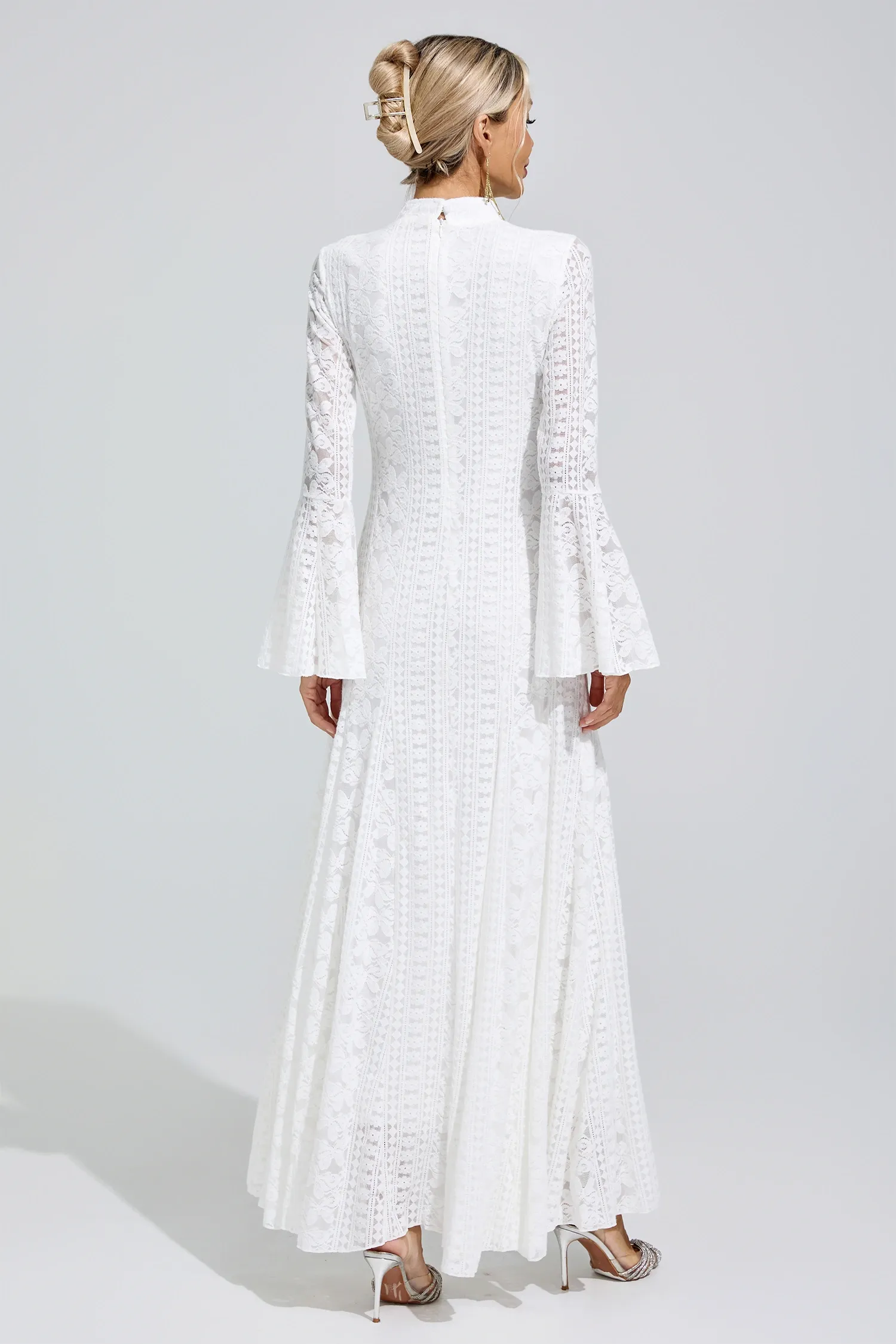 Rita White Flared Sleeve Embroidered Dress