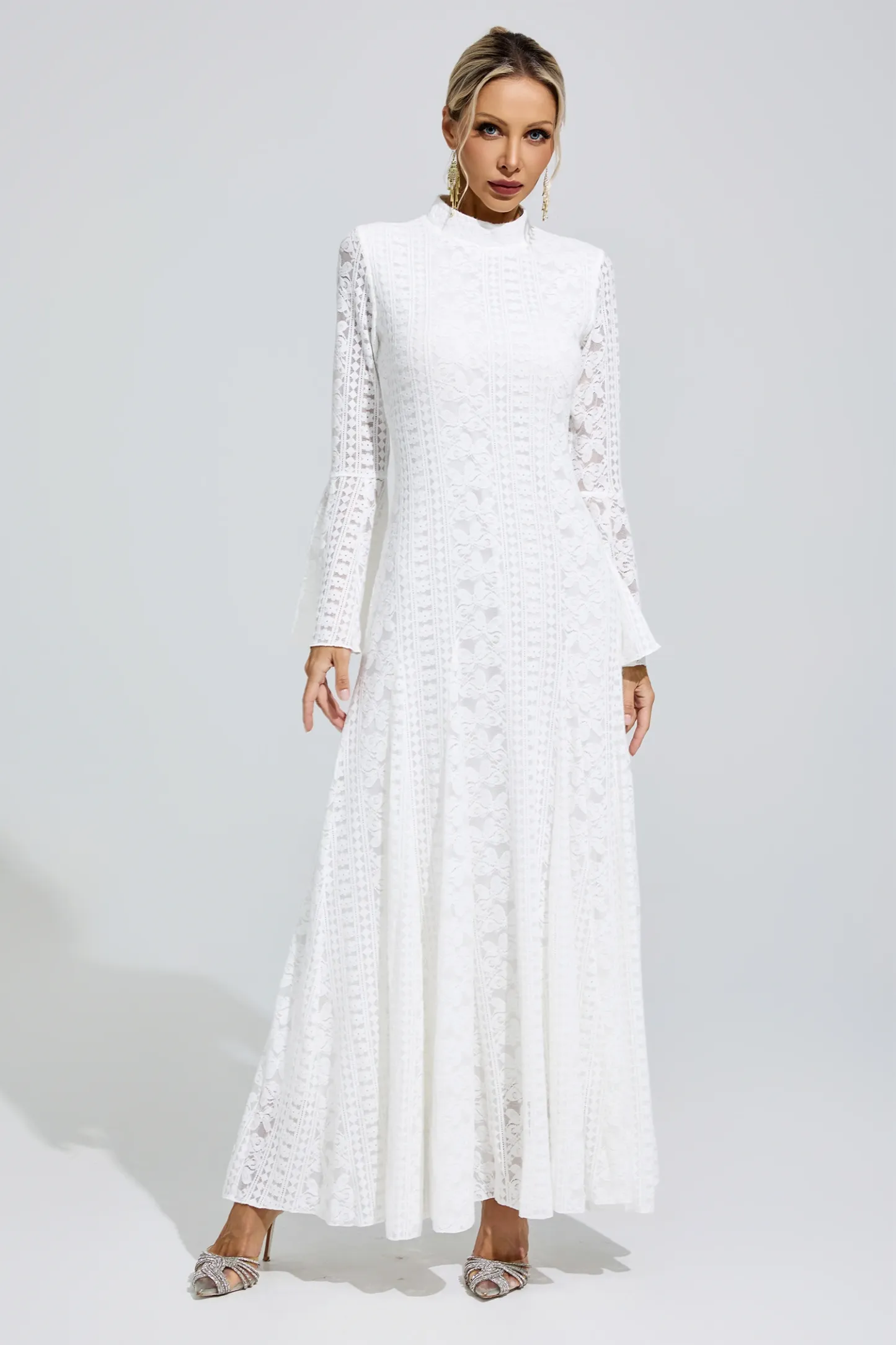 Rita White Flared Sleeve Embroidered Dress