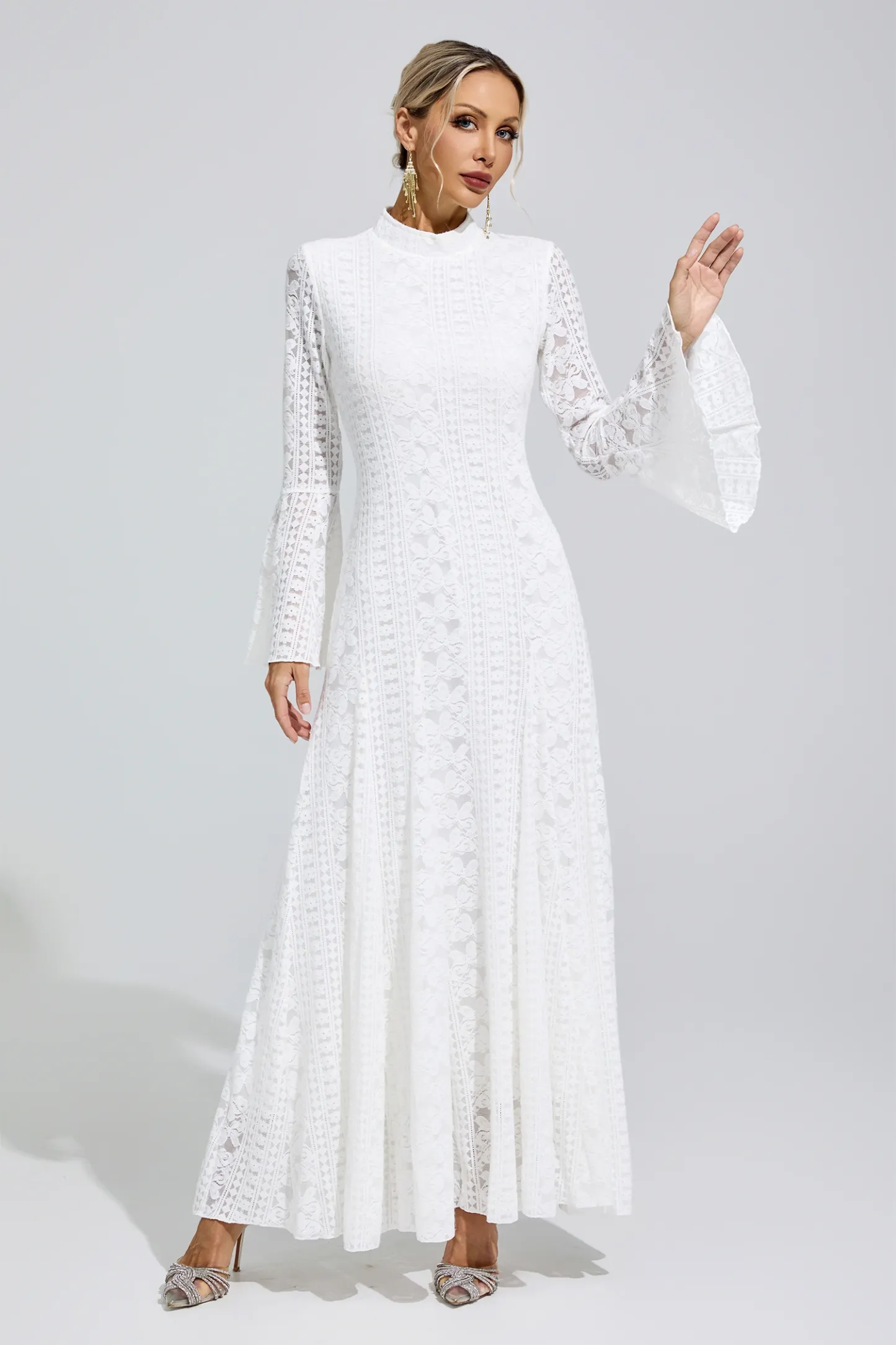 Rita White Flared Sleeve Embroidered Dress