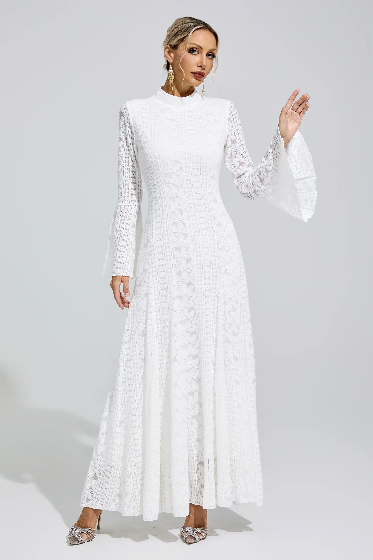 Rita White Flared Sleeve Embroidered Dress