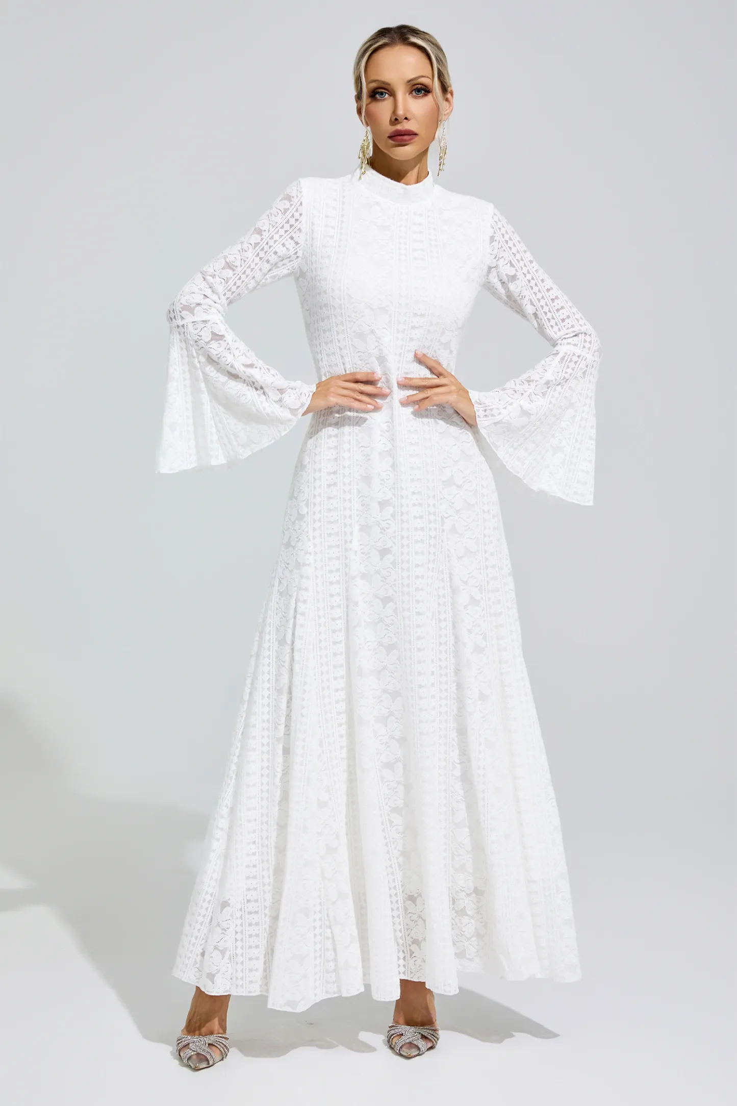 Rita White Flared Sleeve Embroidered Dress
