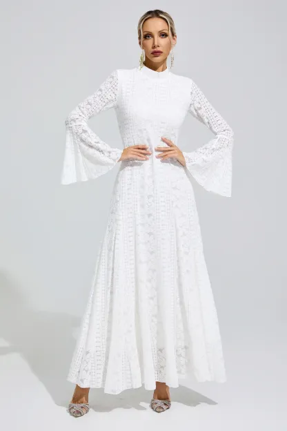 Rita White Flared Sleeve Embroidered Dress