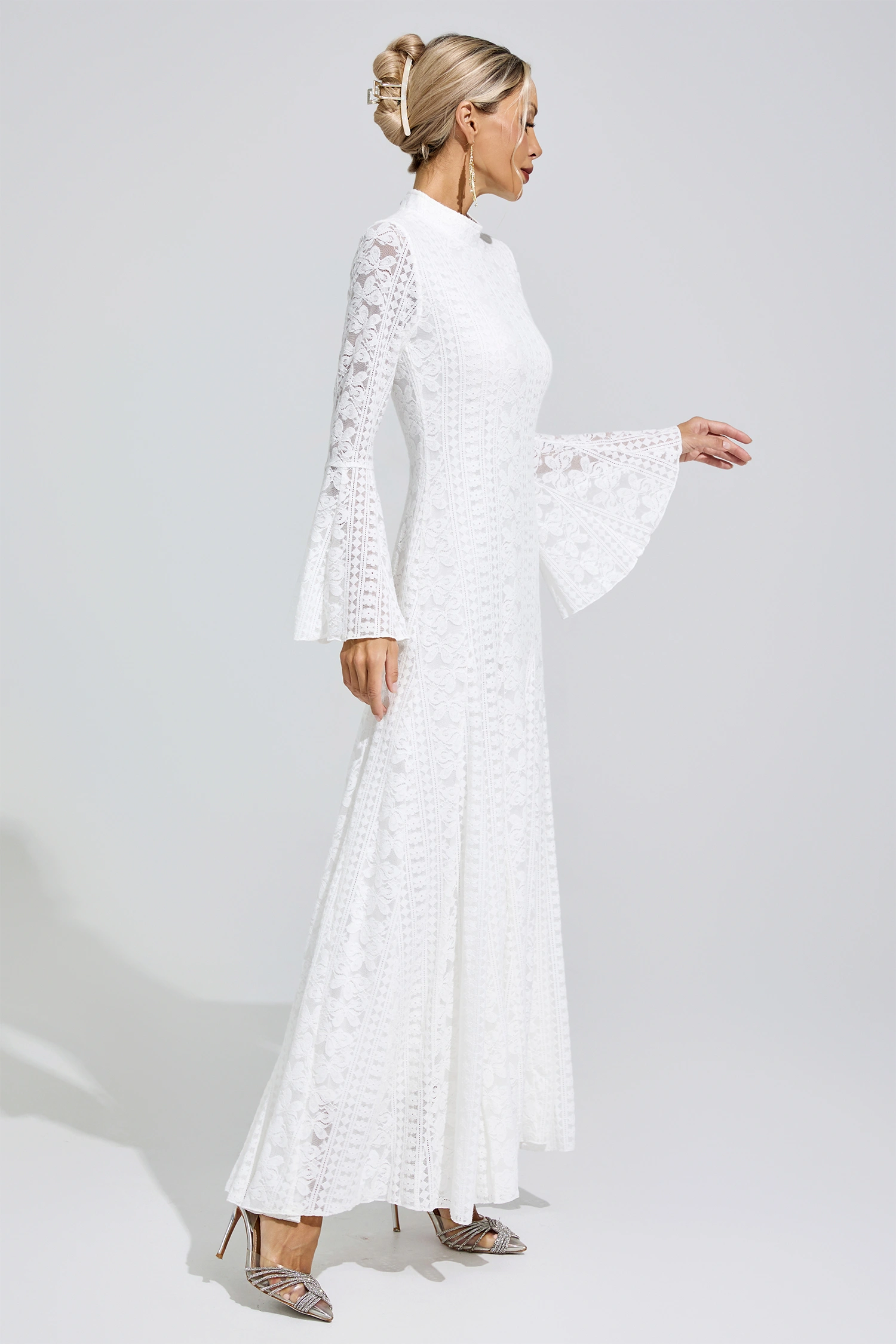 Rita White Flared Sleeve Embroidered Dress