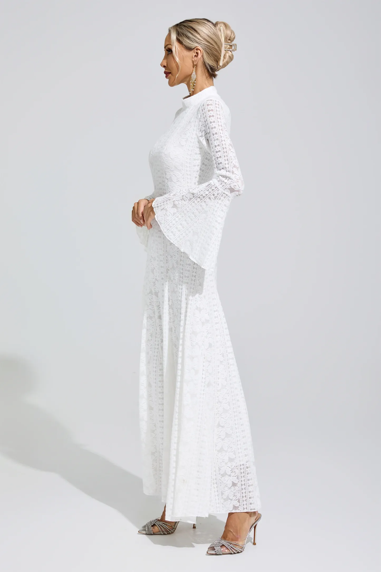 Rita White Flared Sleeve Embroidered Dress