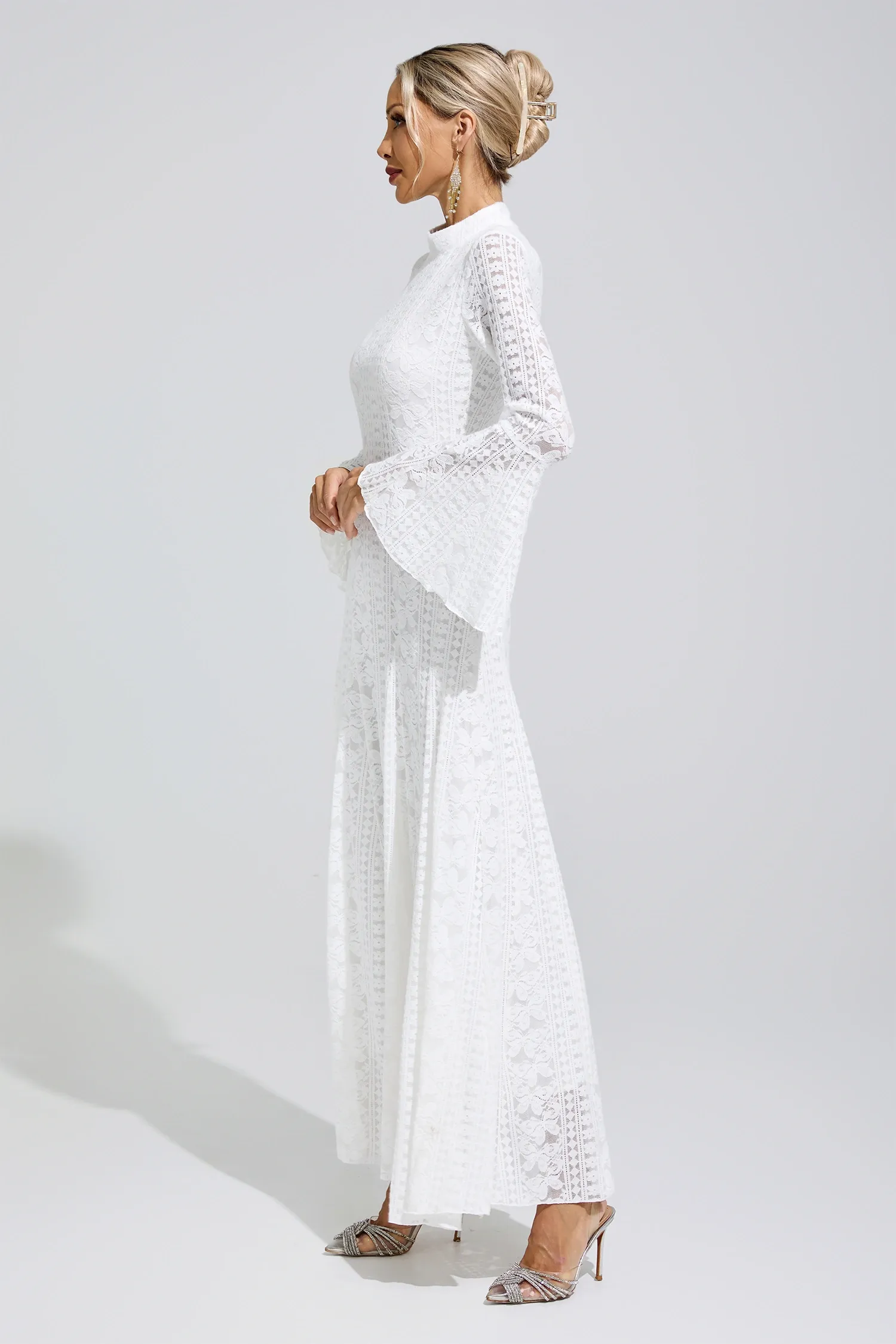 Rita White Flared Sleeve Embroidered Dress
