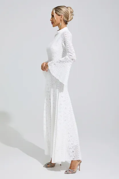 Rita White Flared Sleeve Embroidered Dress