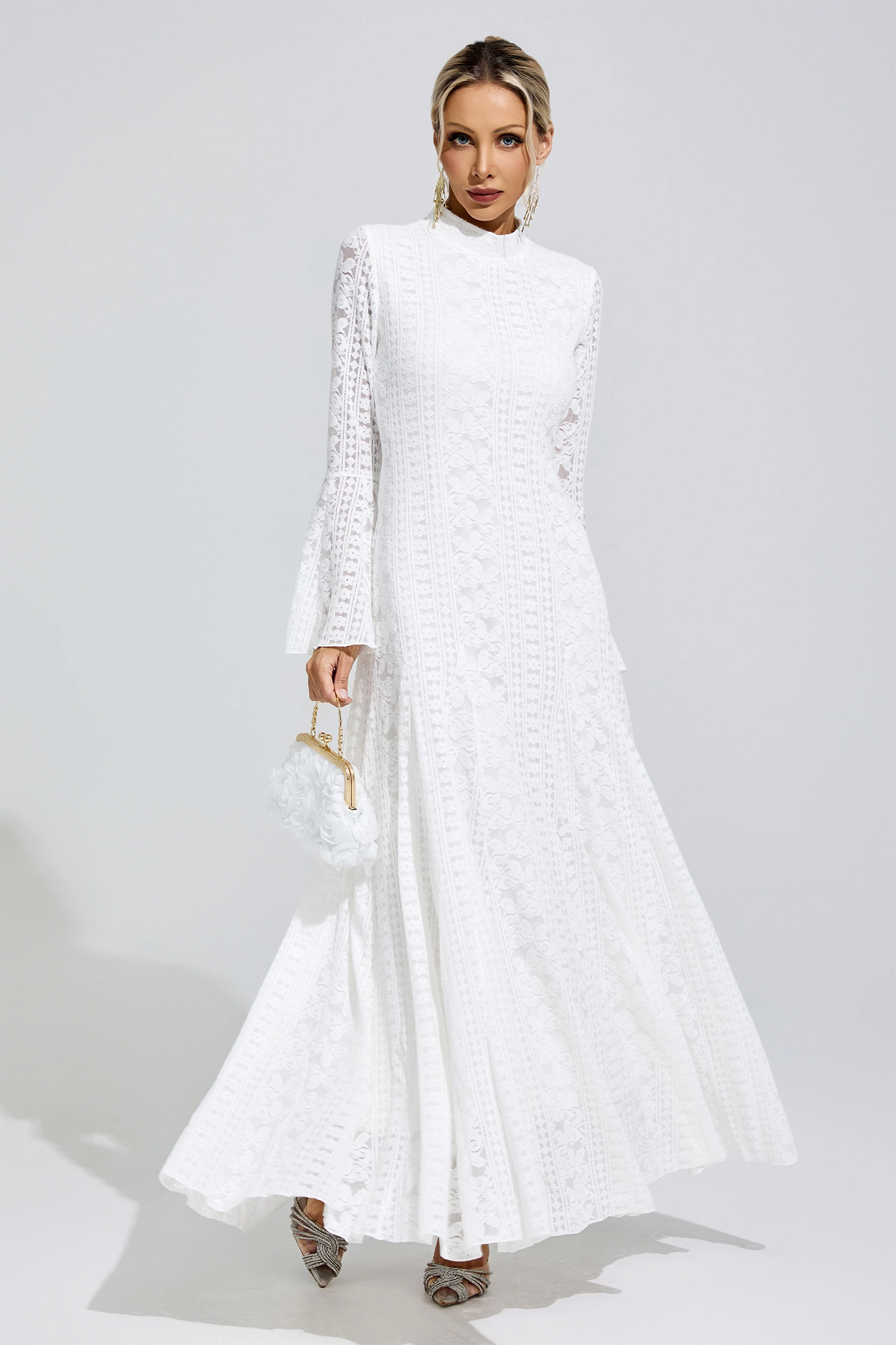 Rita White Flared Sleeve Embroidered Dress