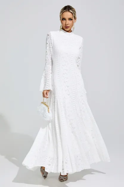 Rita White Flared Sleeve Embroidered Dress