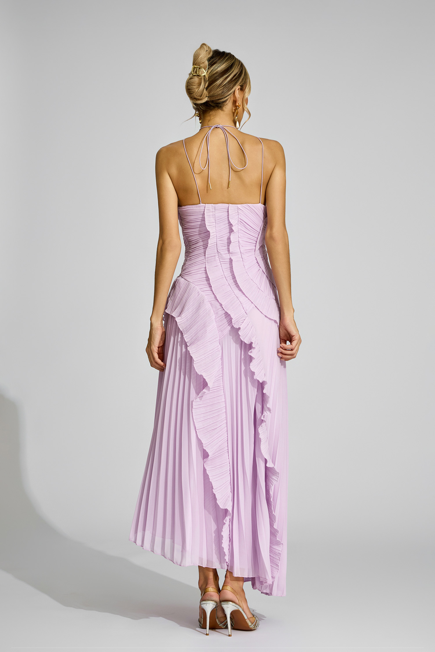 Lynd Purple Asymmetric Pleated Halter Dress