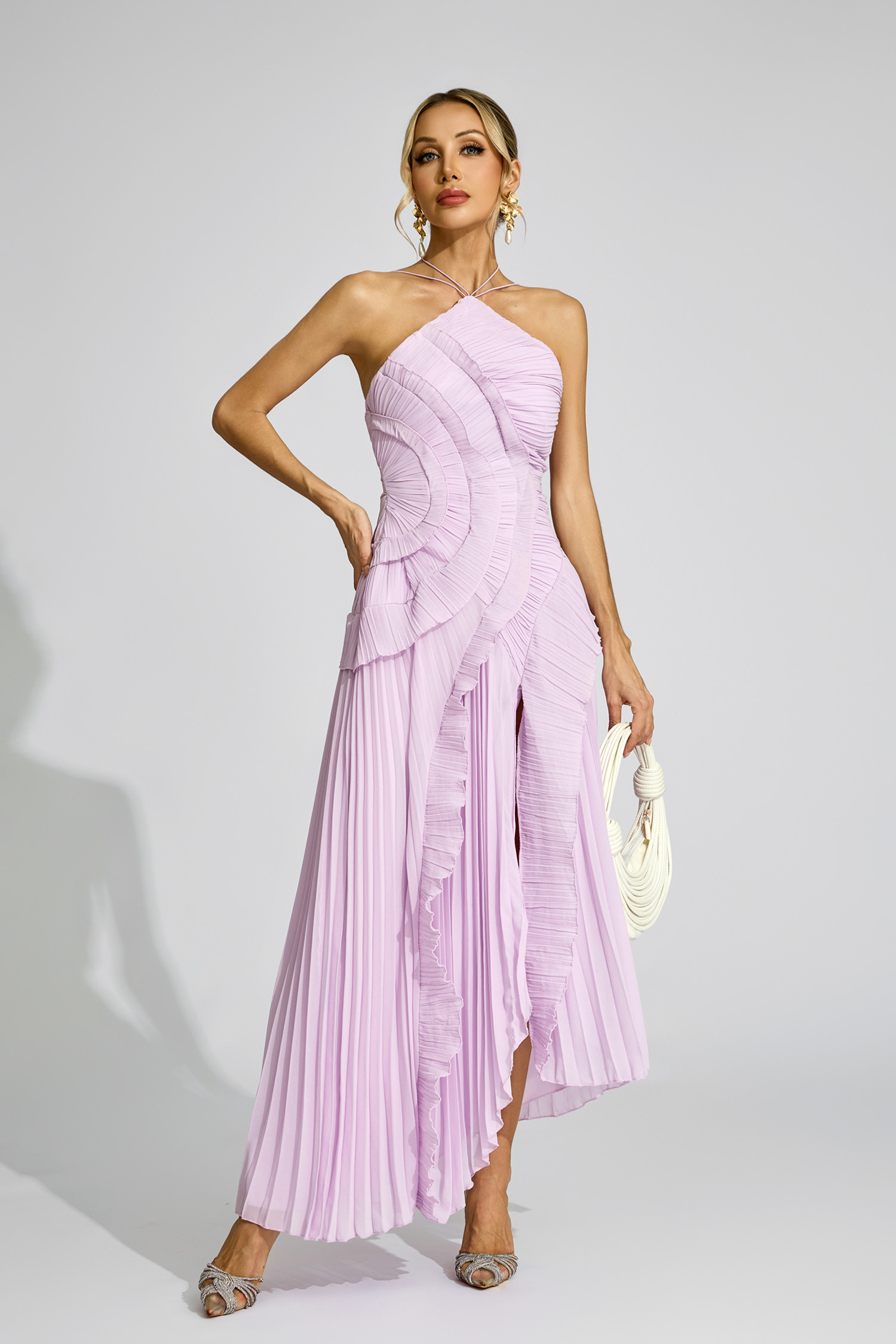 Lynd Purple Asymmetric Pleated Halter Dress