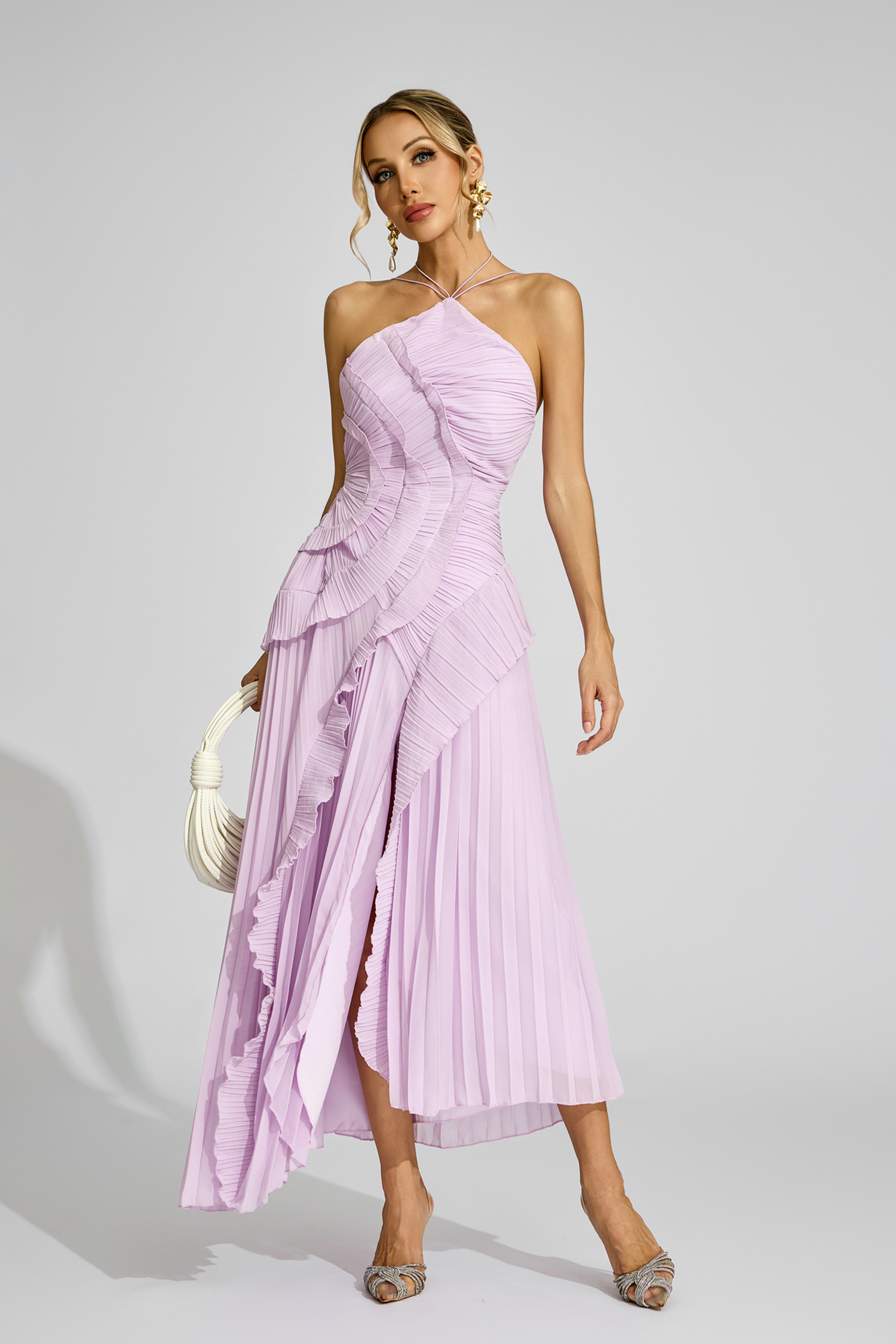 Lynd Purple Asymmetric Pleated Halter Dress
