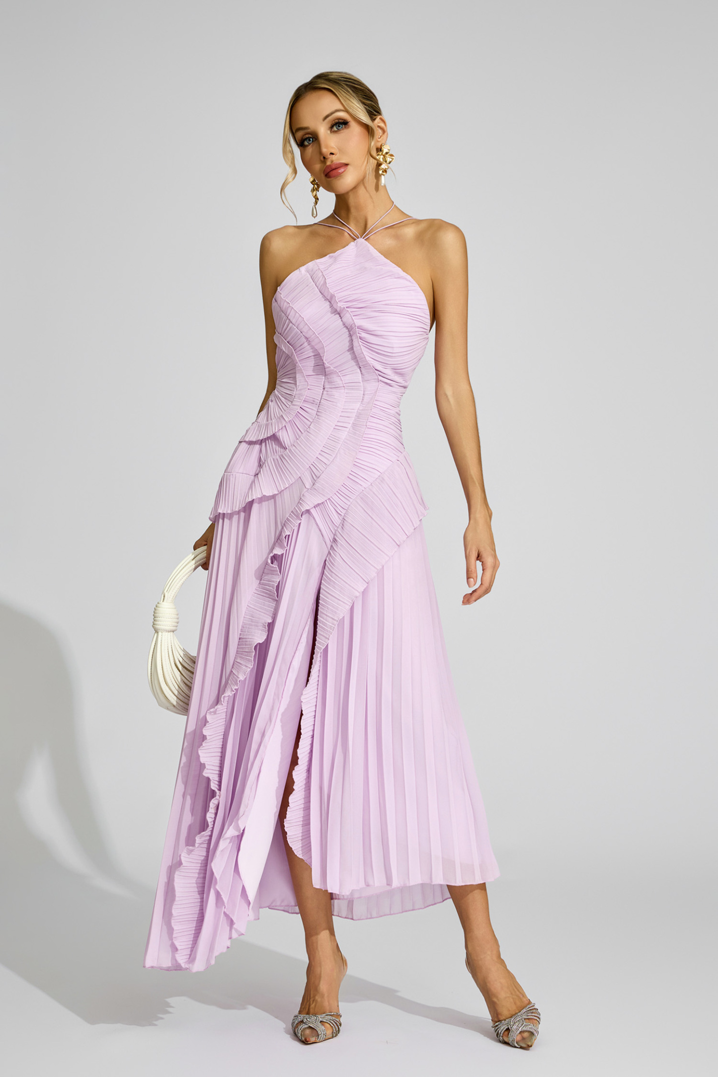 Lynd Purple Asymmetric Pleated Halter Dress