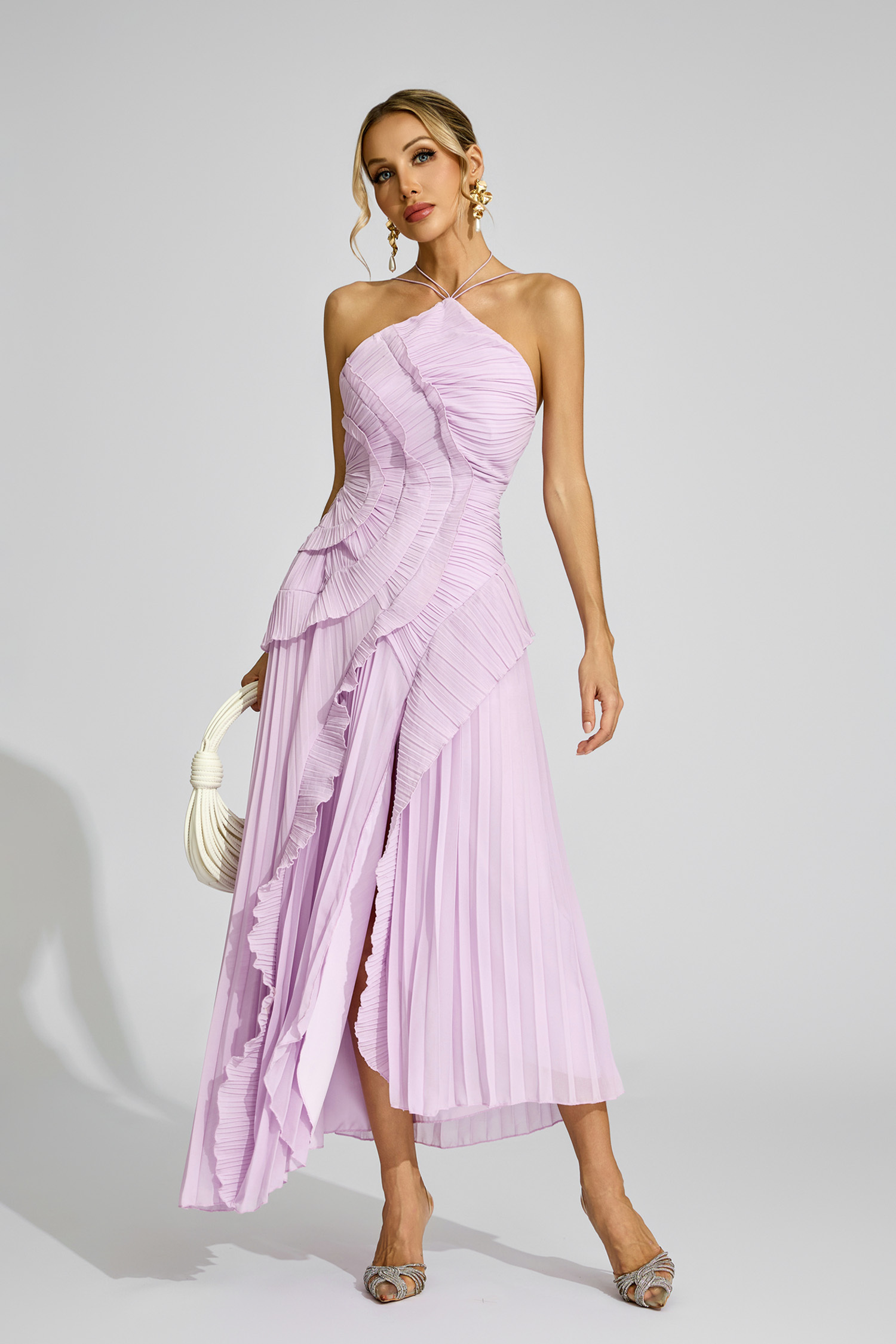 Lynd Purple Asymmetric Pleated Halter Dress