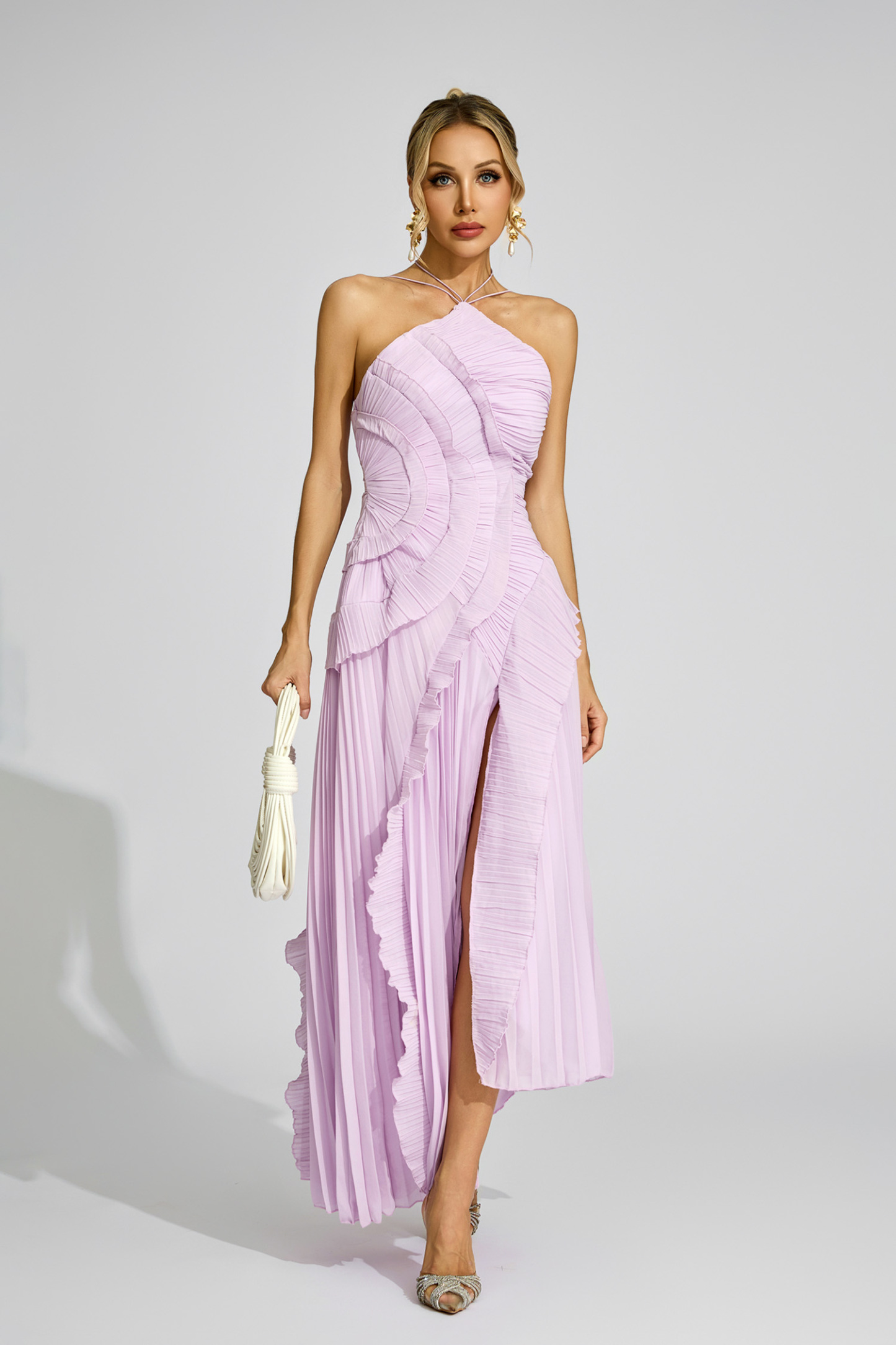 Lynd Purple Asymmetric Pleated Halter Dress