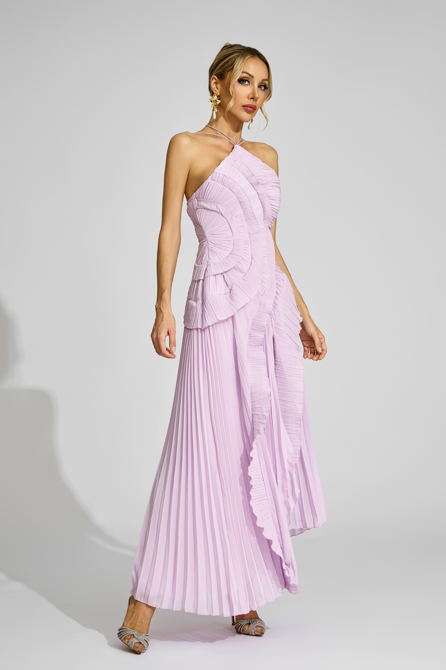 Lynd Purple Asymmetric Pleated Halter Dress