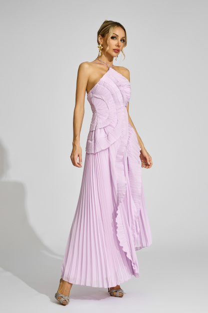 Lynd Purple Asymmetric Pleated Halter Dress