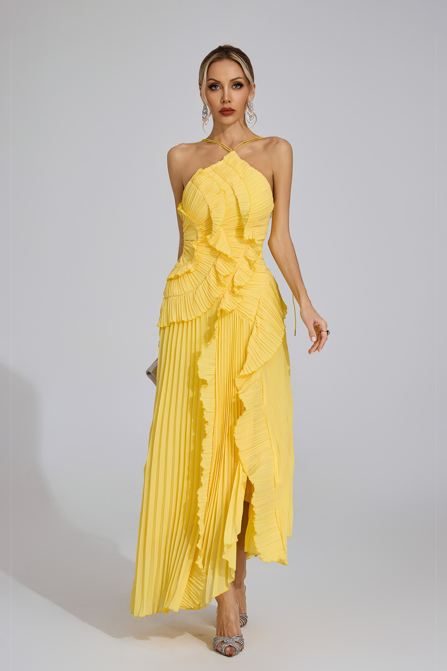Lynd Yellow Asymmetric Pleated Halter Dress
