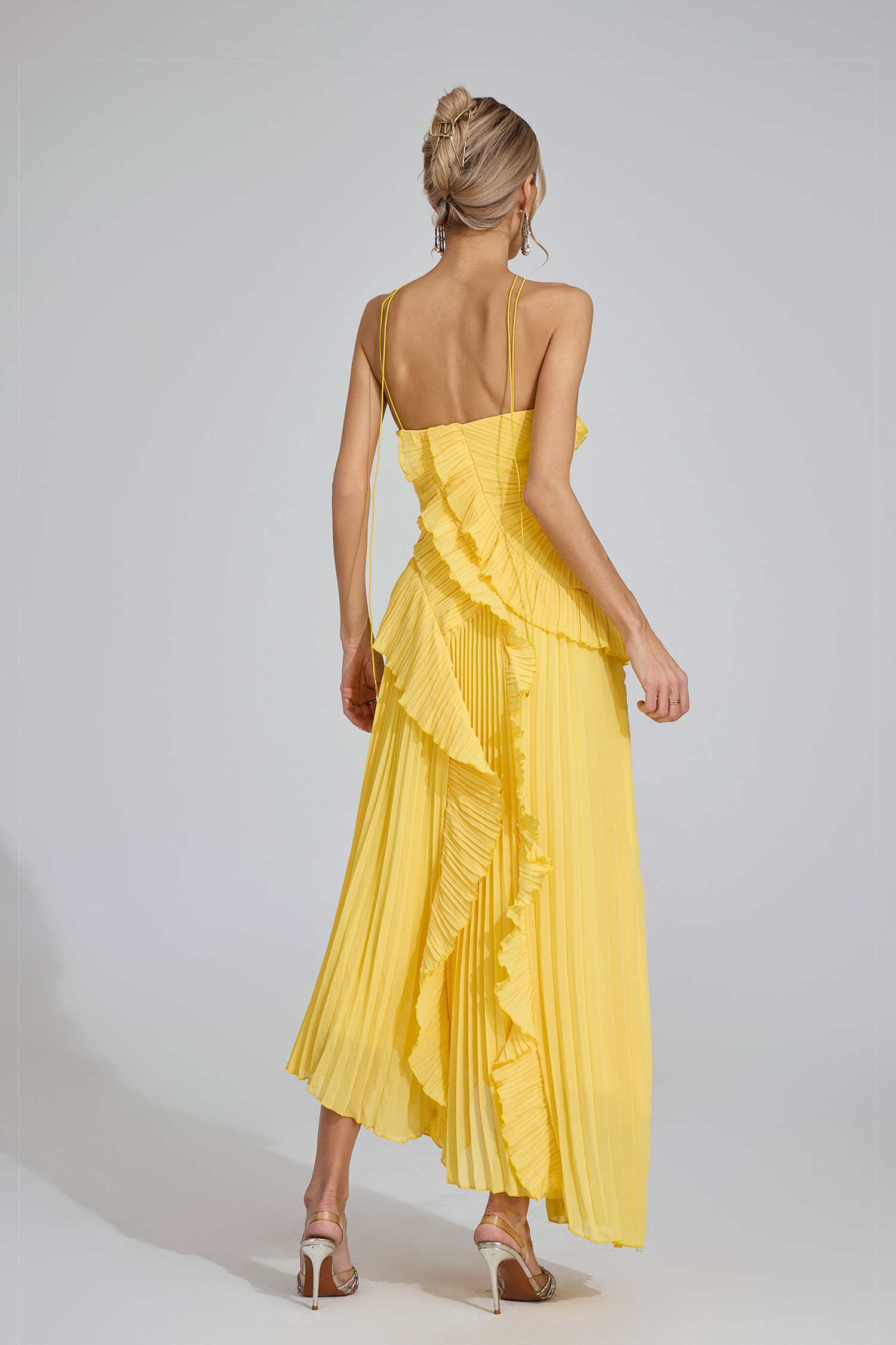 Lynd Yellow Asymmetric Pleated Halter Dress
