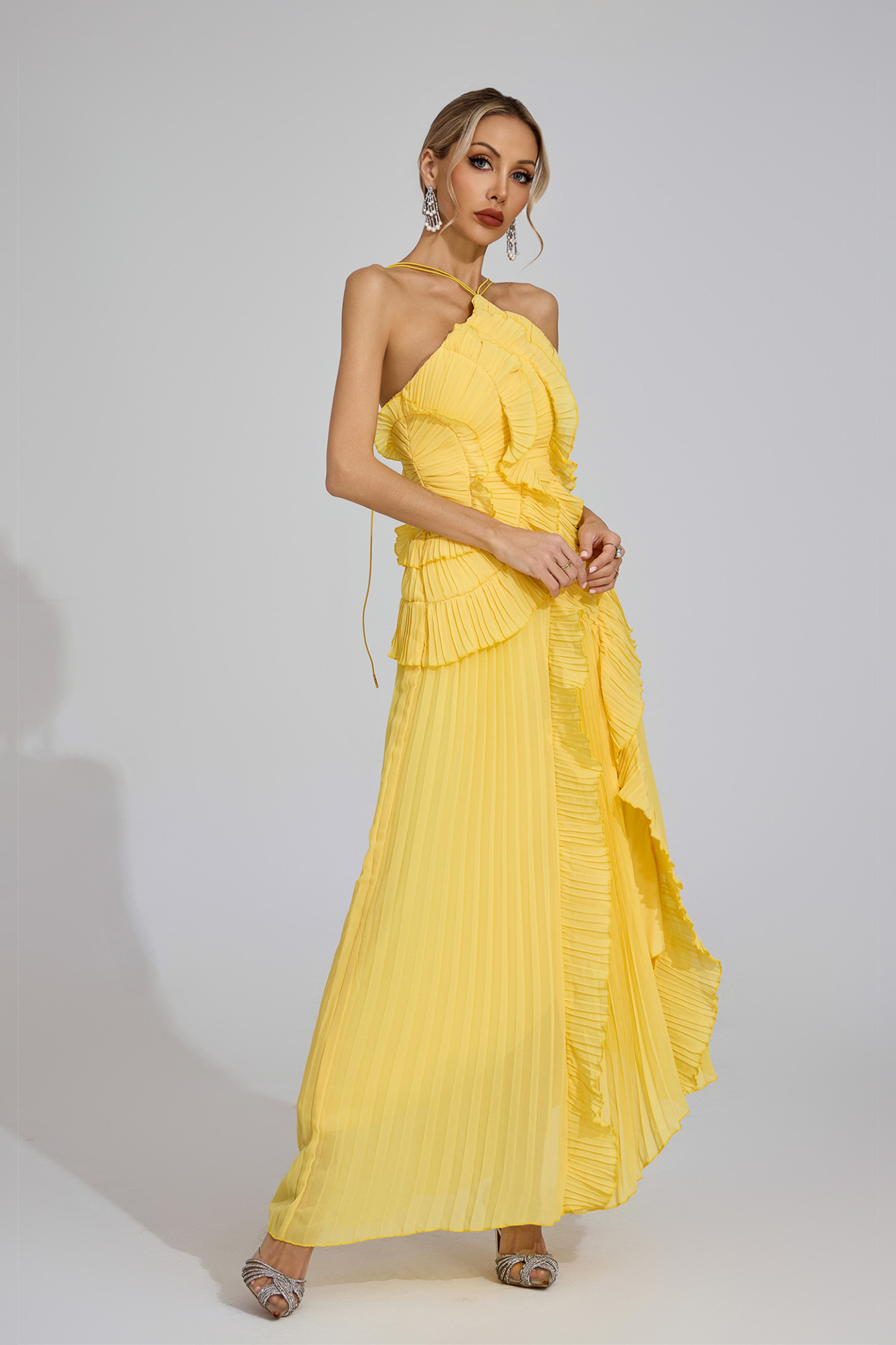 Lynd Yellow Asymmetric Pleated Halter Dress