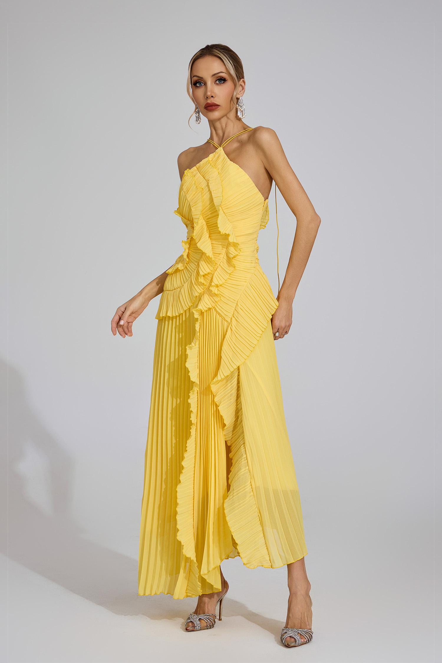 Lynd Yellow Asymmetric Pleated Halter Dress