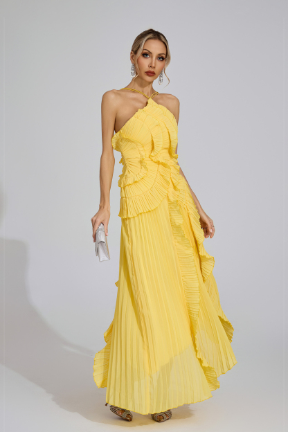 Lynd Yellow Asymmetric Pleated Halter Dress