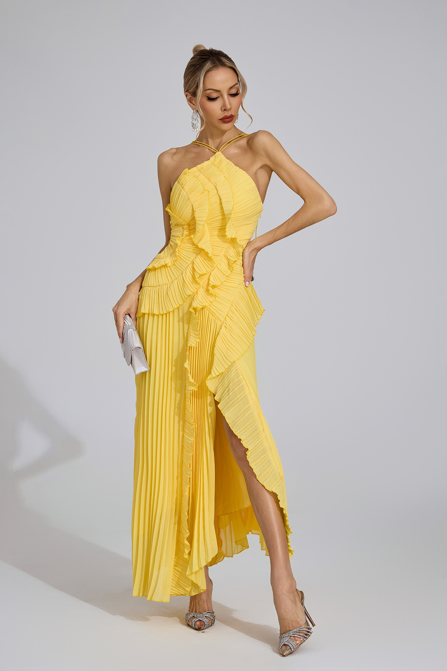 Lynd Yellow Asymmetric Pleated Halter Dress