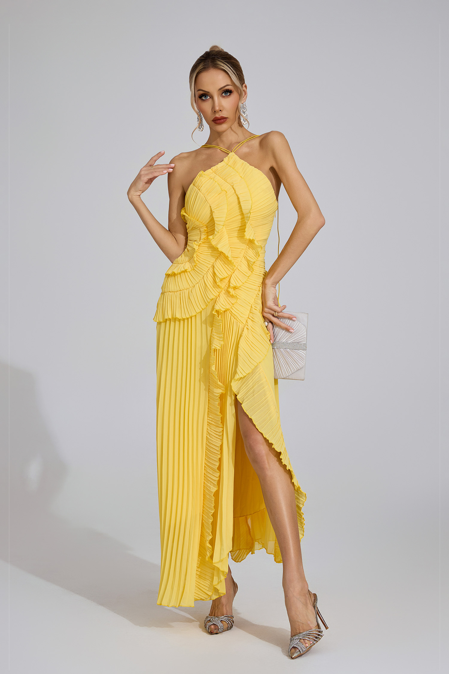 Lynd Yellow Asymmetric Pleated Halter Dress