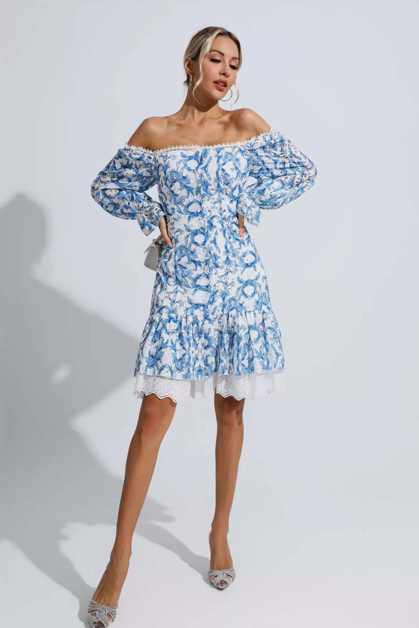Cedric Blue Floral Off Shoulder Dress