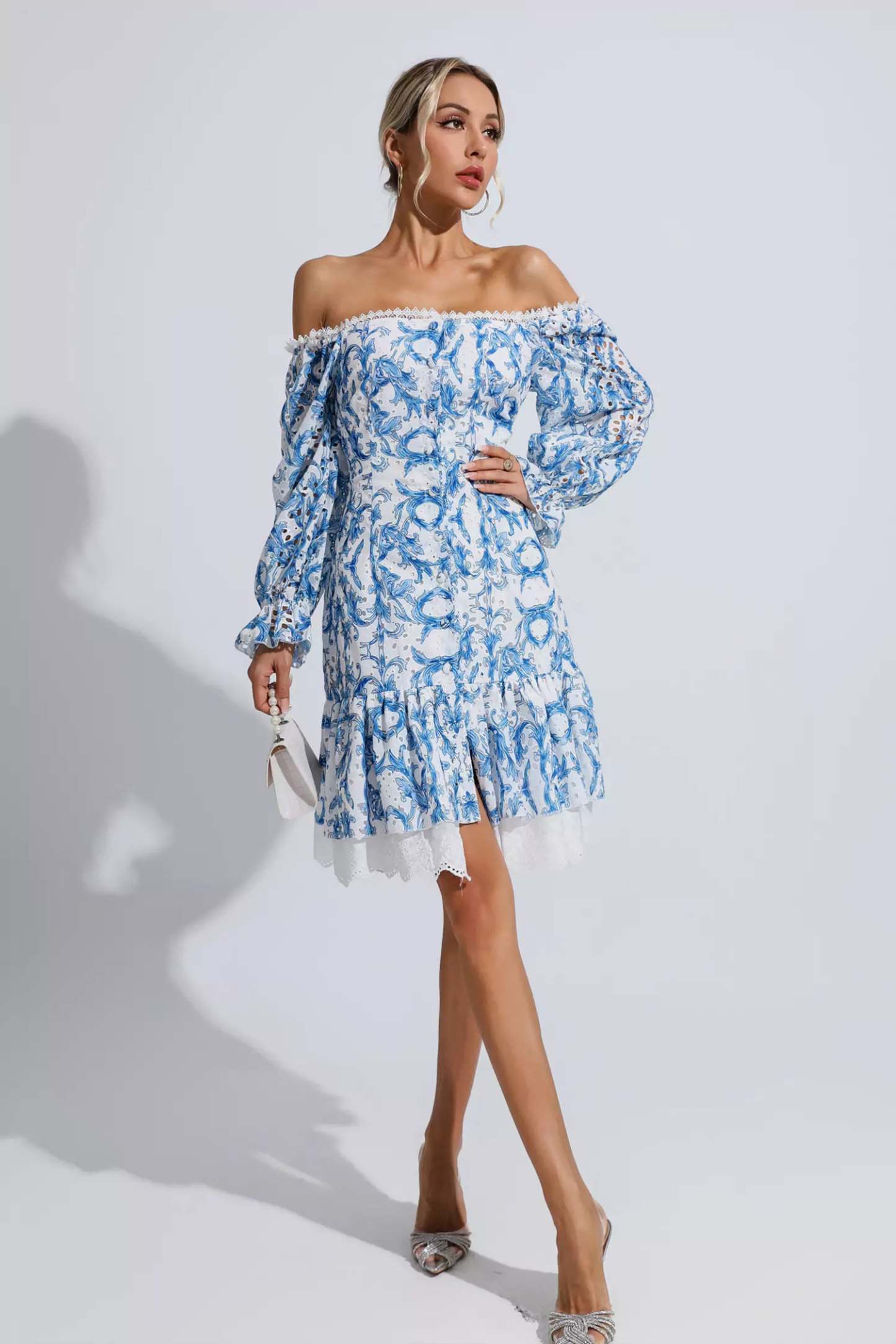 Cedric Blue Floral Off Shoulder Dress