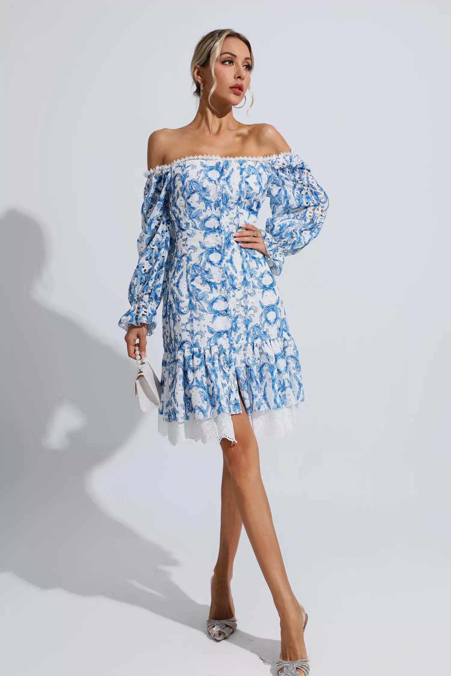 Cedric Blue Floral Off Shoulder Dress