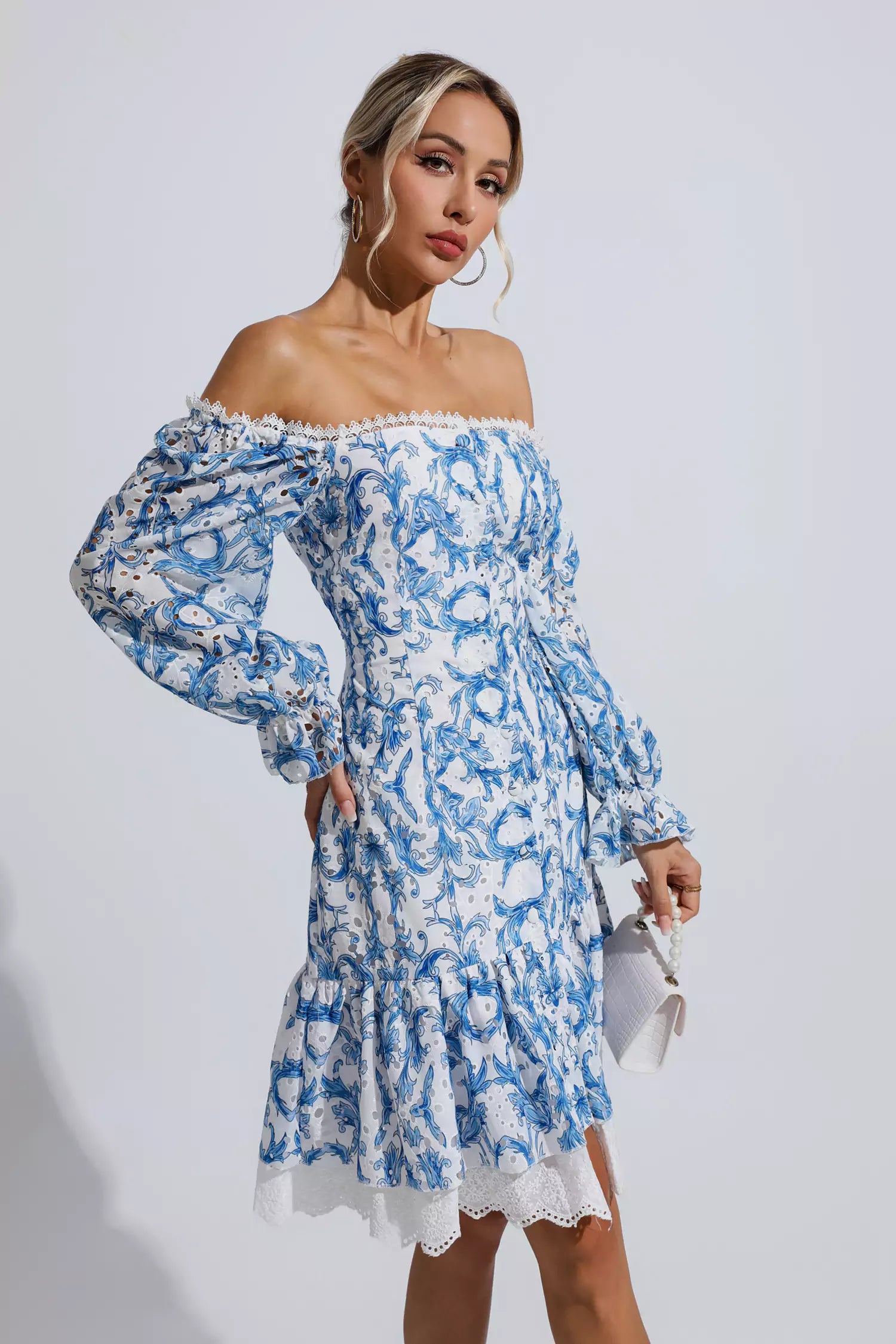 Cedric Blue Floral Off Shoulder Dress