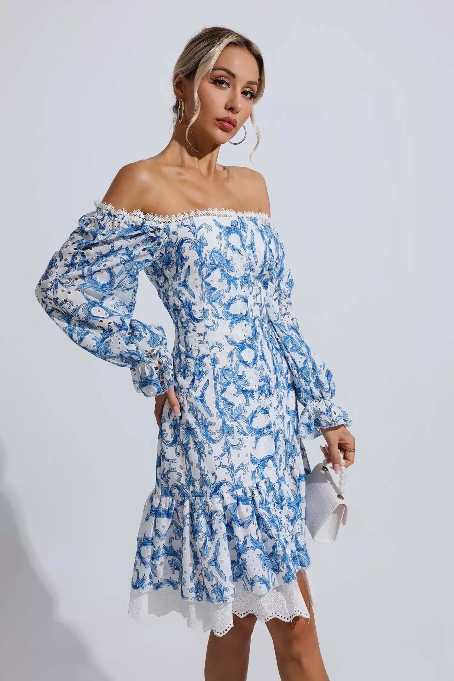 Cedric Blue Floral Off Shoulder Dress