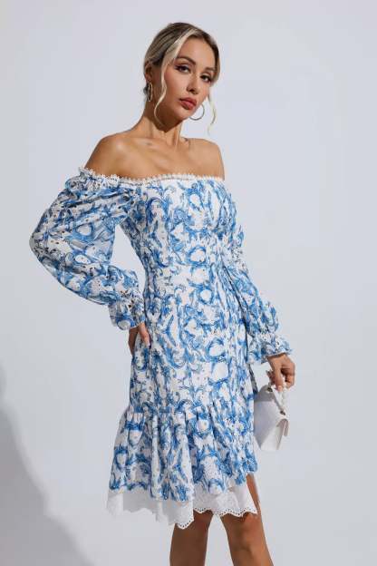 Cedric Blue Floral Off Shoulder Dress