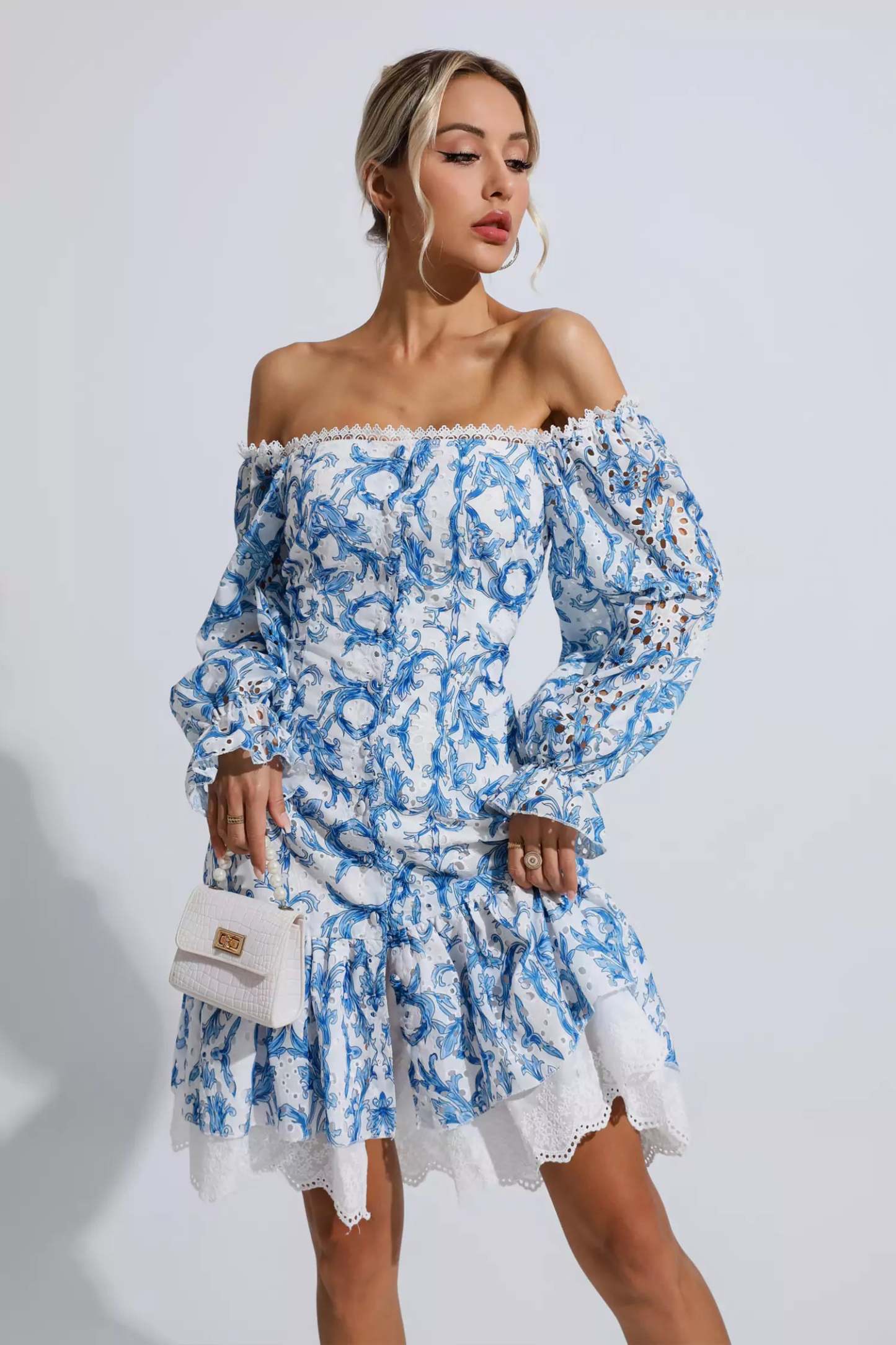 Cedric Blue Floral Off Shoulder Dress